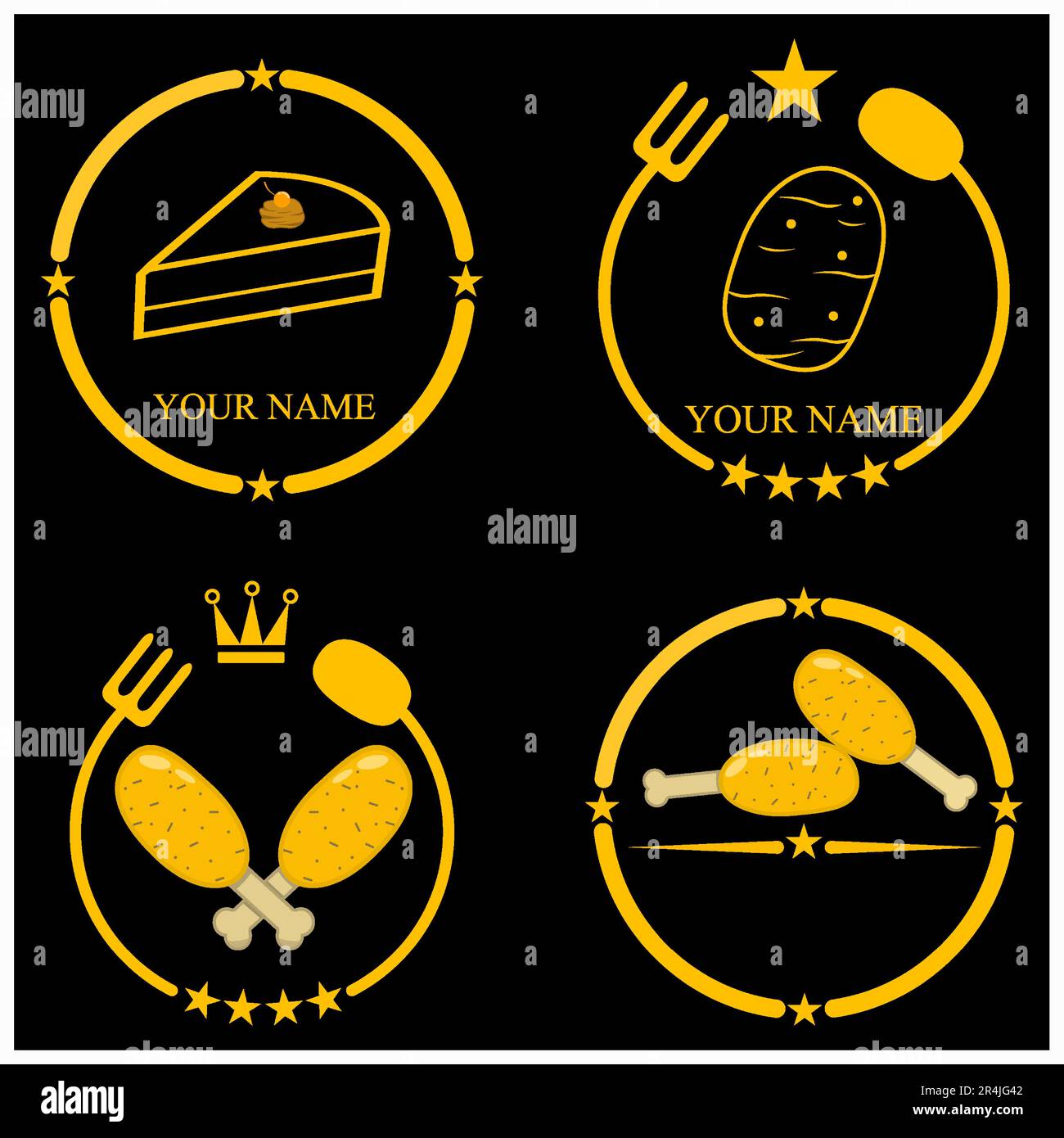 Illustration vectorielle de quatre emblèmes ou logo thème nourriture, cadre circulaire, jaune, or et noir fond de couleur. Illustration de Vecteur