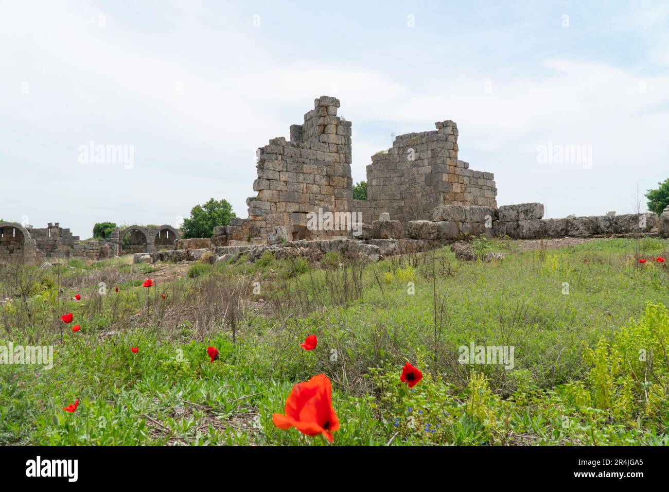Ancienne ville de Perge (Perga) à Antalya, Turquie. Ruines historiques dans l'ancienne ville de Pamphylie. mise au point sélective Banque D'Images