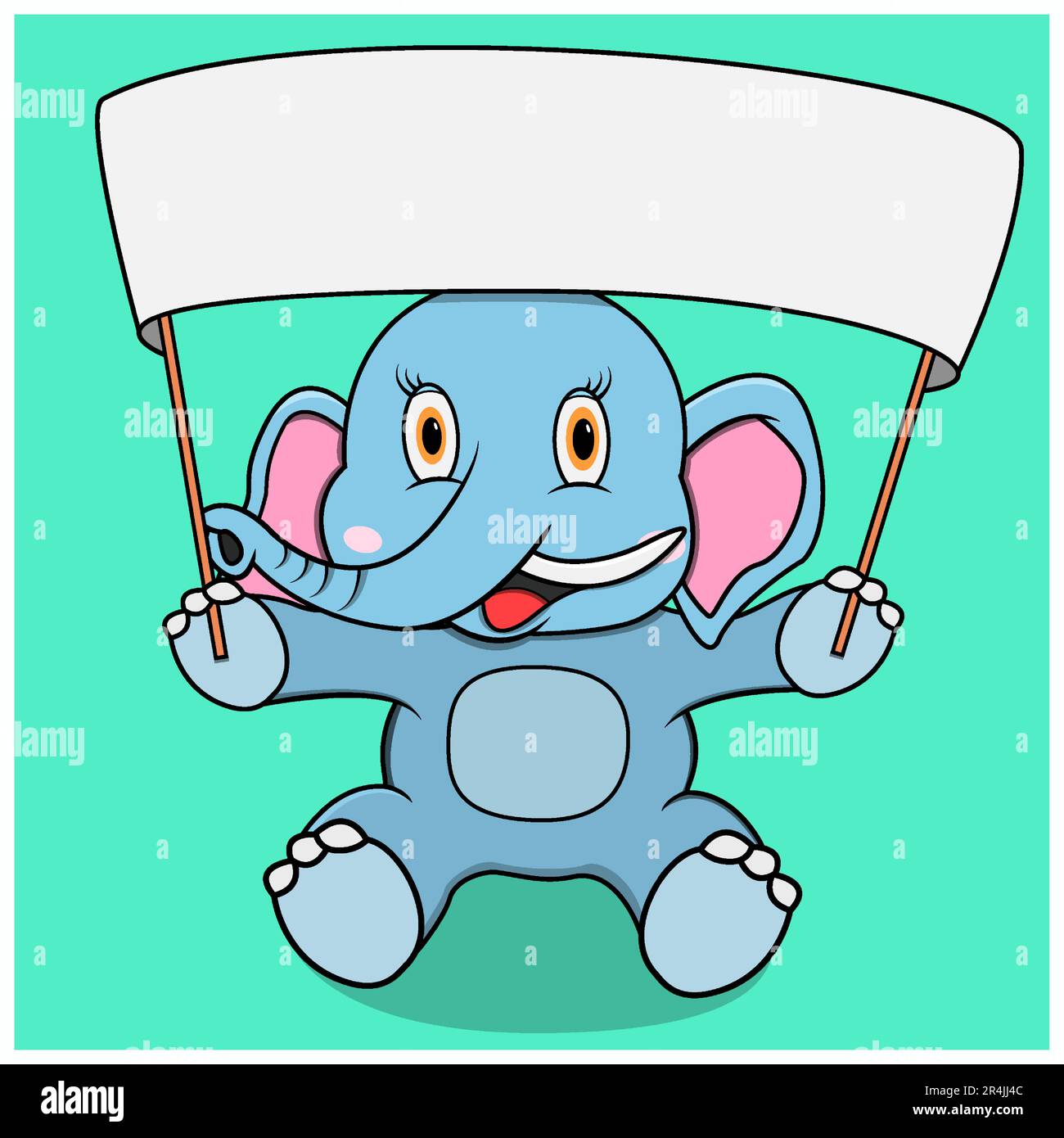 Éléphant de personnage avec grande bannière blanche vierge, fond bleu turquoise, mascotte, icône, personnage ou logo, vecteur et illustration. Illustration de Vecteur