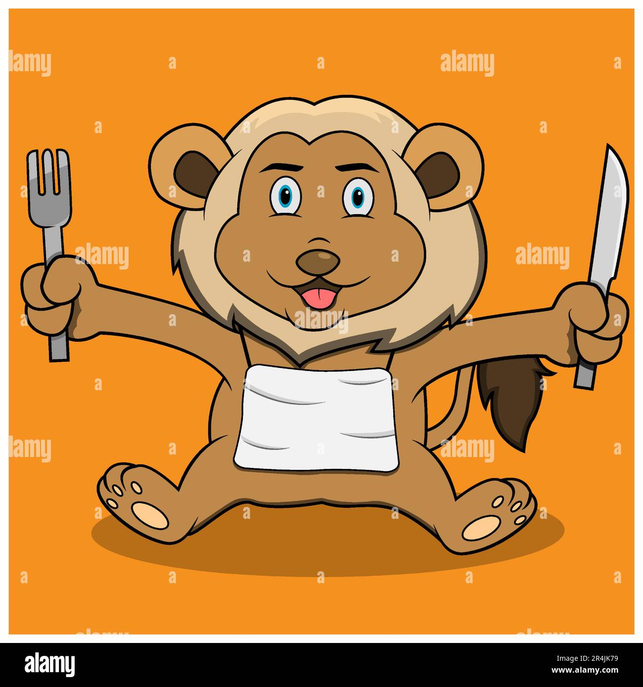 Bébé Lion prêt à manger, fond de couleur orange, mascotte, icône, personnage ou logo, Vecteur et illustration. Illustration de Vecteur