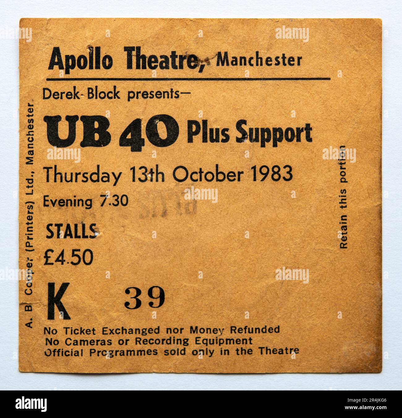 Billet de concert pour le concert de UB40 au théâtre Apollo de Manchester, Royaume-Uni, en octobre 1983 Banque D'Images