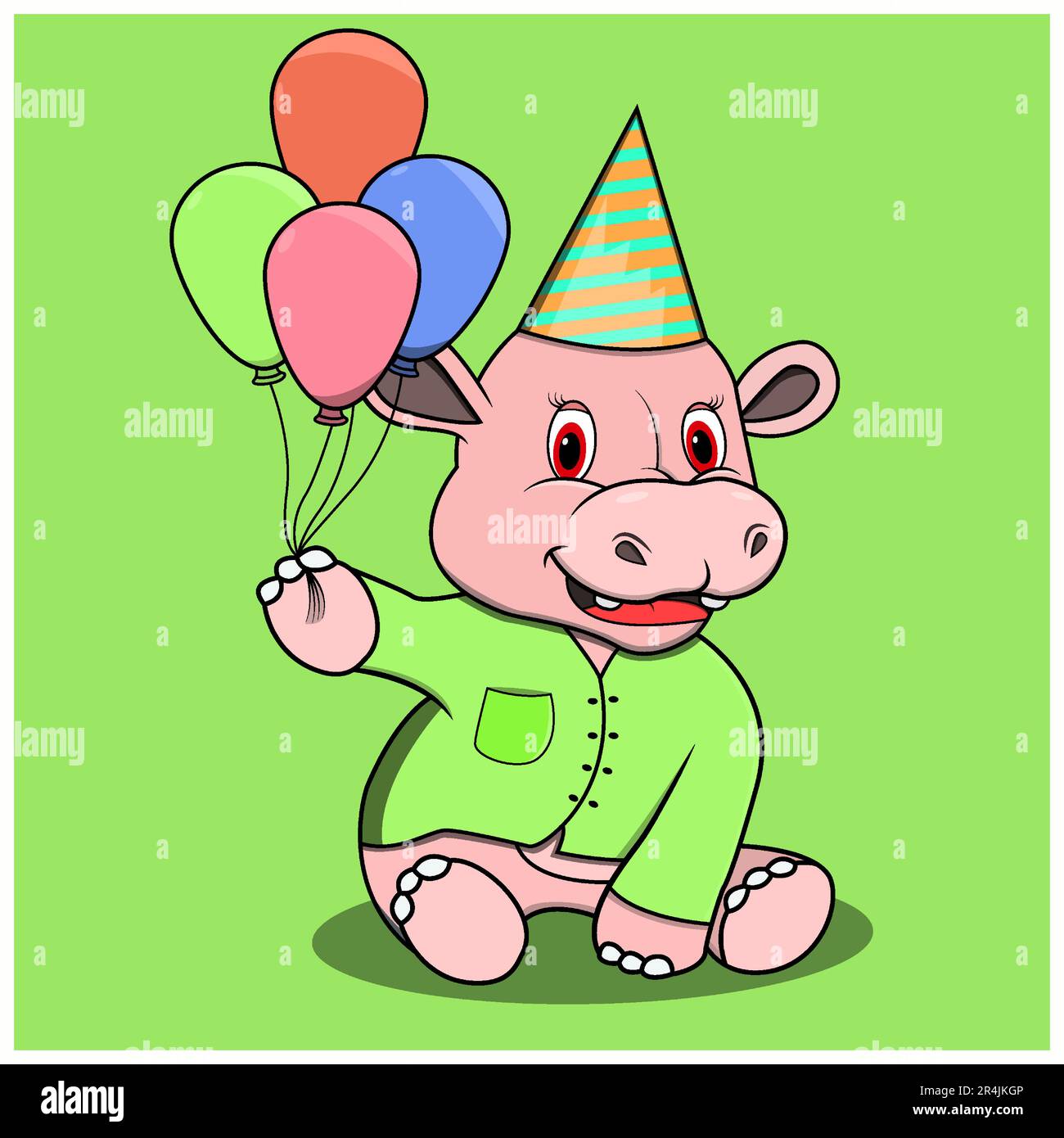 Hippopotamus de personnage avec quatre ballons pour faire la fête, fond vert couleurs, mascotte, icône, personnage ou logo, Vecteur et illustration. Illustration de Vecteur