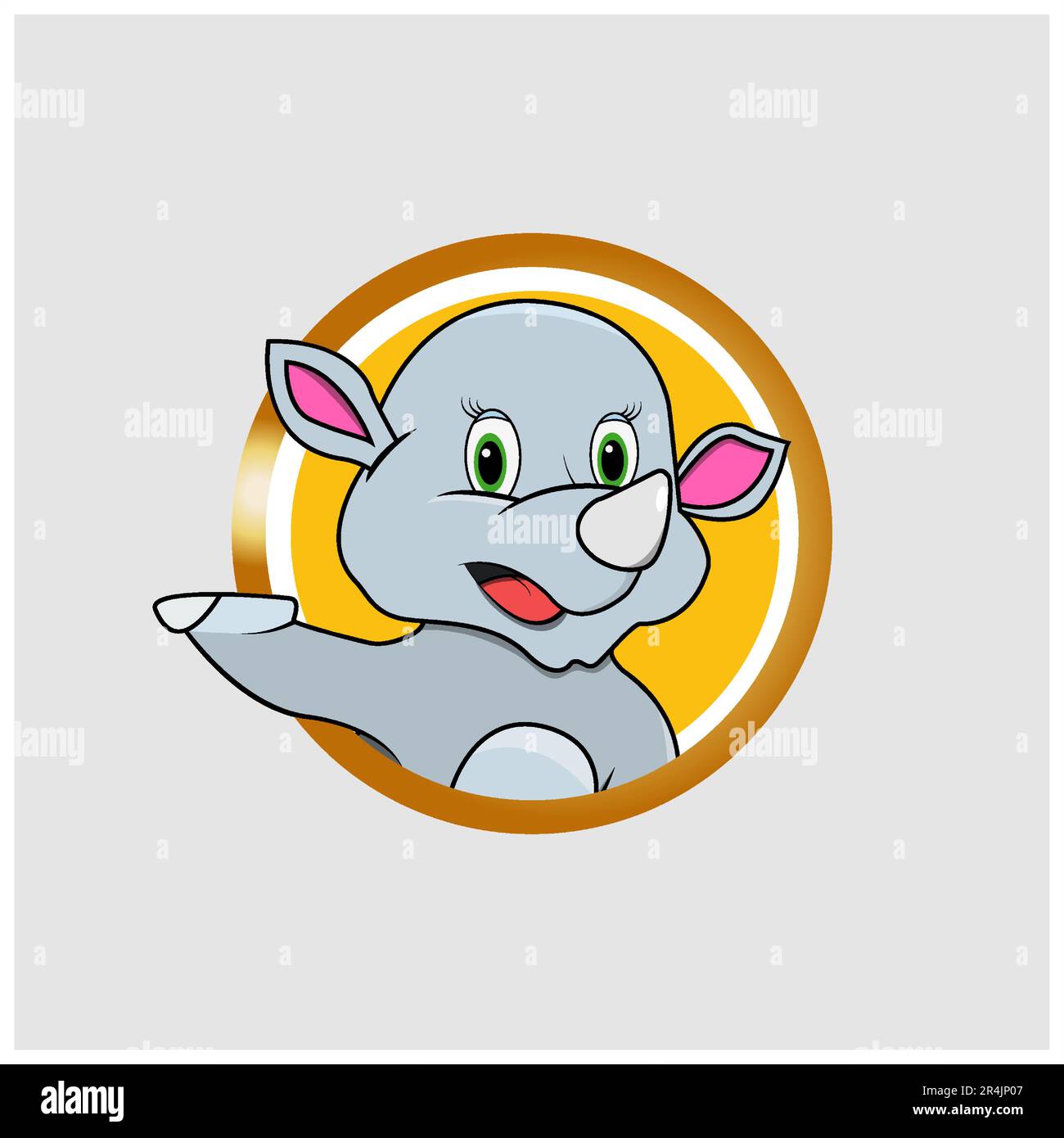 Label de cercle de tête de rhinocéros avec expression de sourire drôle, couleurs jaunes fond, mascotte, icône, personnage ou logo, Vecteur et illustration. Illustration de Vecteur