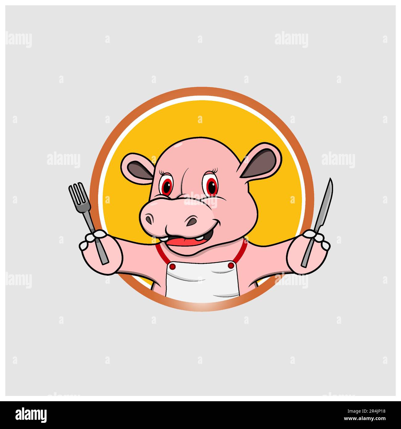 Étiquette de cercle de tête d'hippopotame avec couteau et fourchette, fond de couleur jaune, mascotte, icône, personnage ou logo, Vecteur et illustration. Illustration de Vecteur