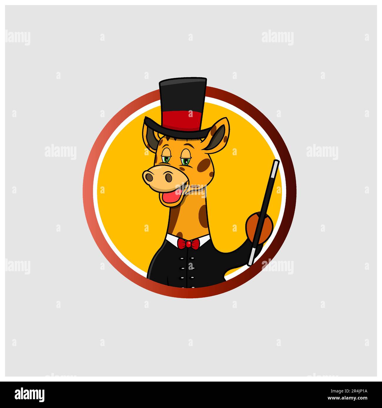 Étiquette de cercle de tête de girafe avec Magician et bâton à emporter, fond de couleur jaune, mascotte, icône, personnage ou logo, Vecteur et illustration. Illustration de Vecteur
