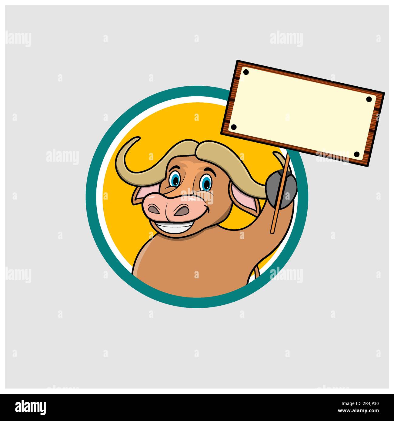 Étiquette cercle de tête de Buffalo avec panneau vierge bois, couleurs jaunes fond, mascotte, icône, personnage ou logo, Vecteur et illustration. Illustration de Vecteur