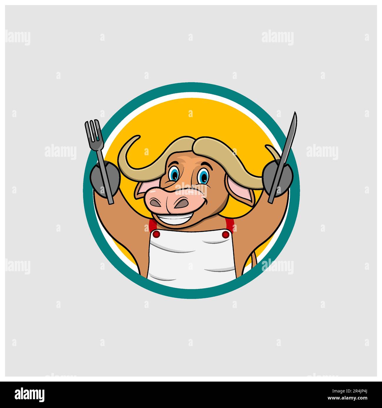 Étiquette cercle de tête de Buffalo amener fourchette et couteau , couleur jaune arrière-plan, mascotte, icône, personnage ou logo, Vecteur et illustration. Illustration de Vecteur