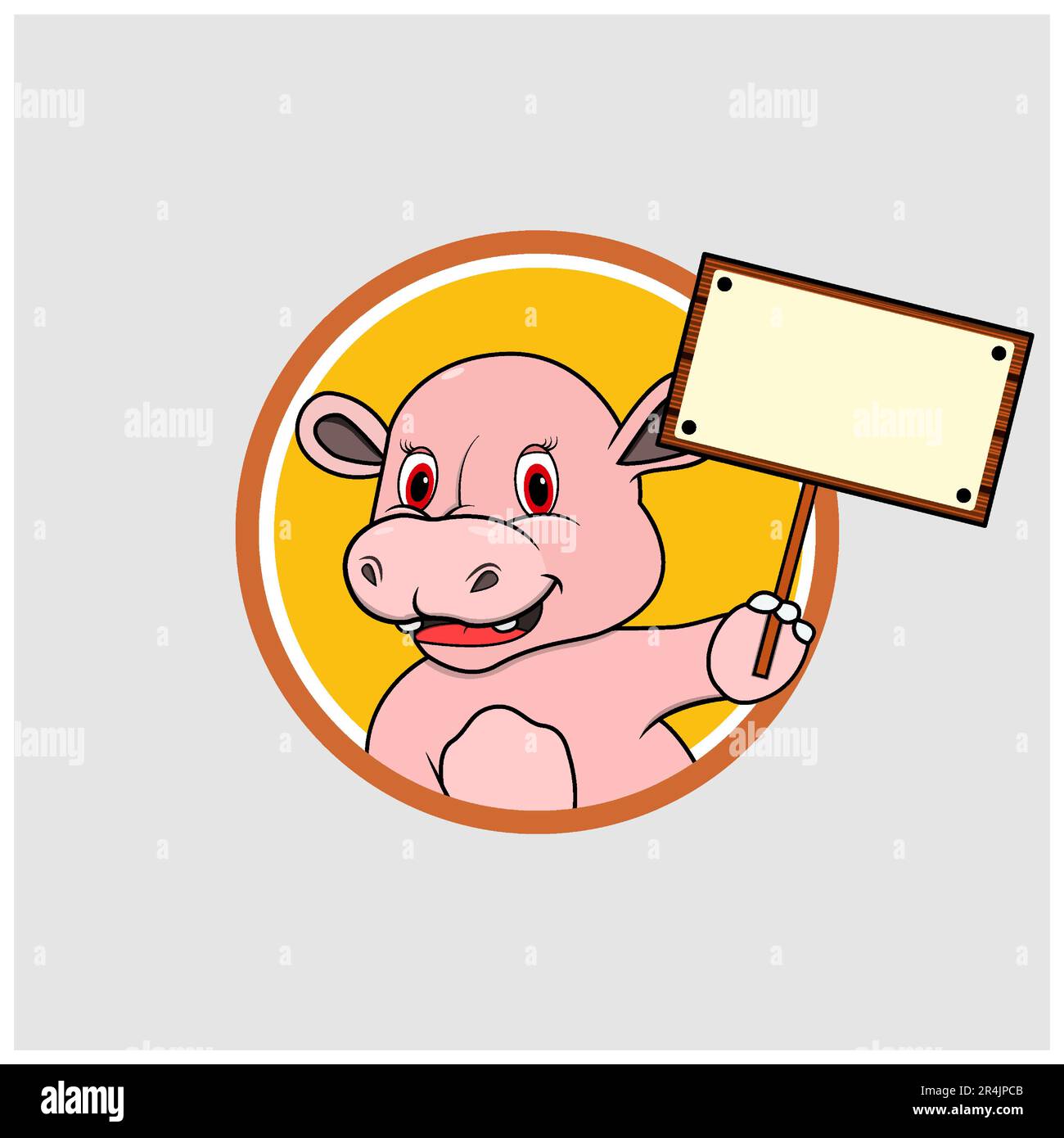 Étiquette de cercle de tête d'hippopotame avec panneau de bois vierge, fond de couleur jaune, mascotte, icône, personnage ou logo, Vecteur et illustration. Illustration de Vecteur