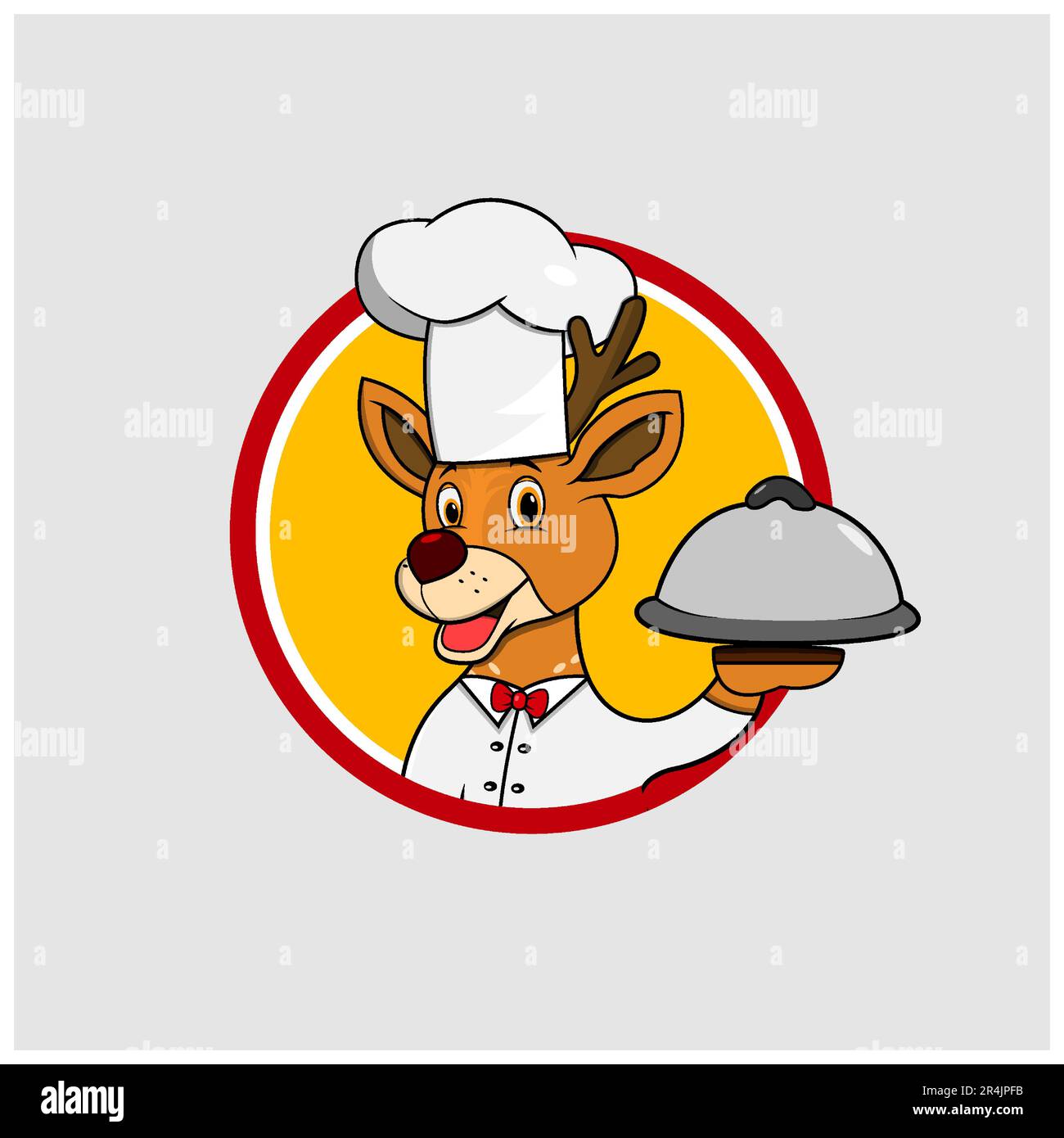 Étiquette cercle de tête de cerf avec nourriture et chef sur mesure, fond de couleur jaune, mascotte, icône, personnage ou logo, Vecteur et illustration. Illustration de Vecteur