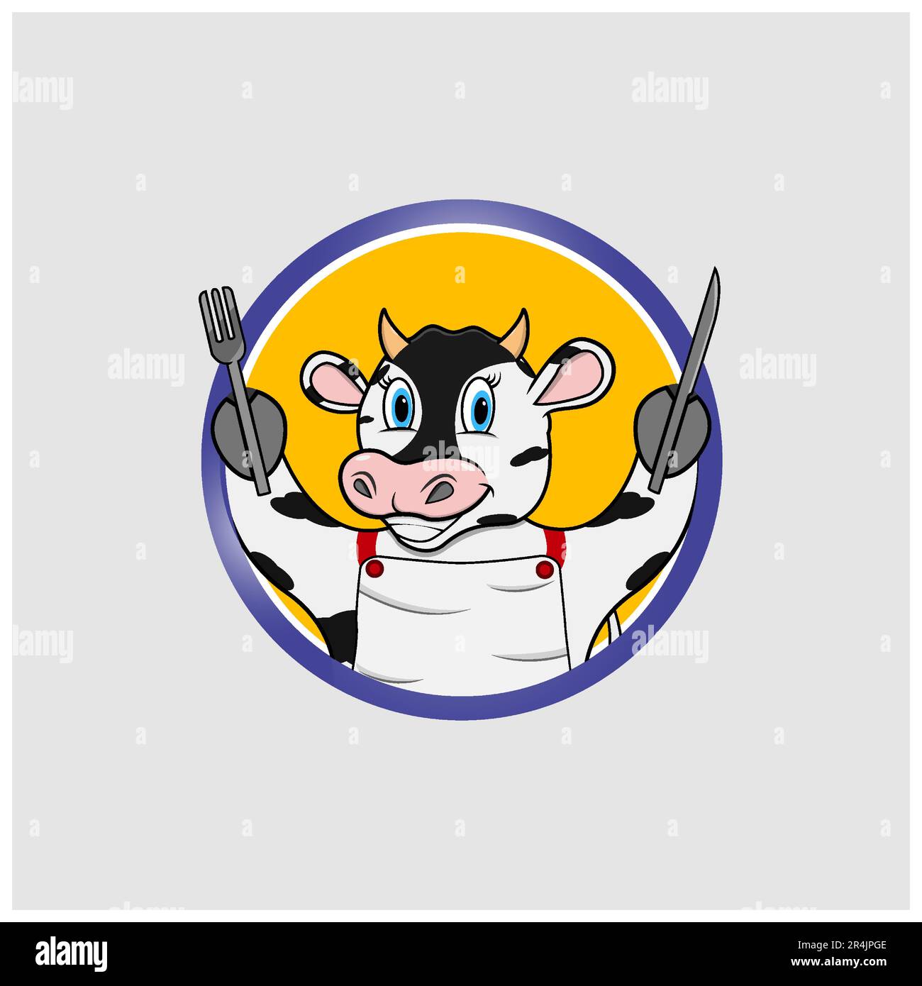 Étiquette cercle de tête de vache avec fourche et couteau, fond jaune, mascotte, icône, personnage ou logo, Vecteur et illustration. Illustration de Vecteur