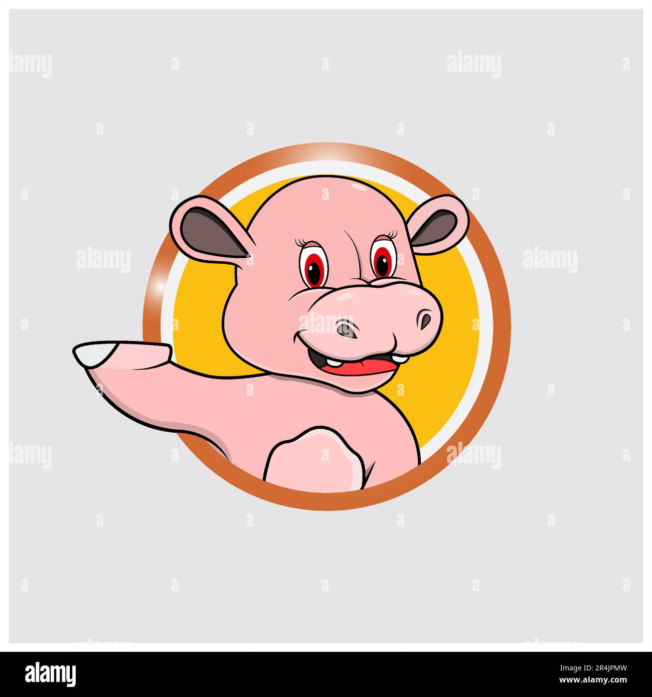 Hippopotamus tête cercle rose étiquette avec expression drôle de sourire, couleurs jaunes fond, mascotte, icône, personnage ou logo, Vecteur et illustration. Illustration de Vecteur