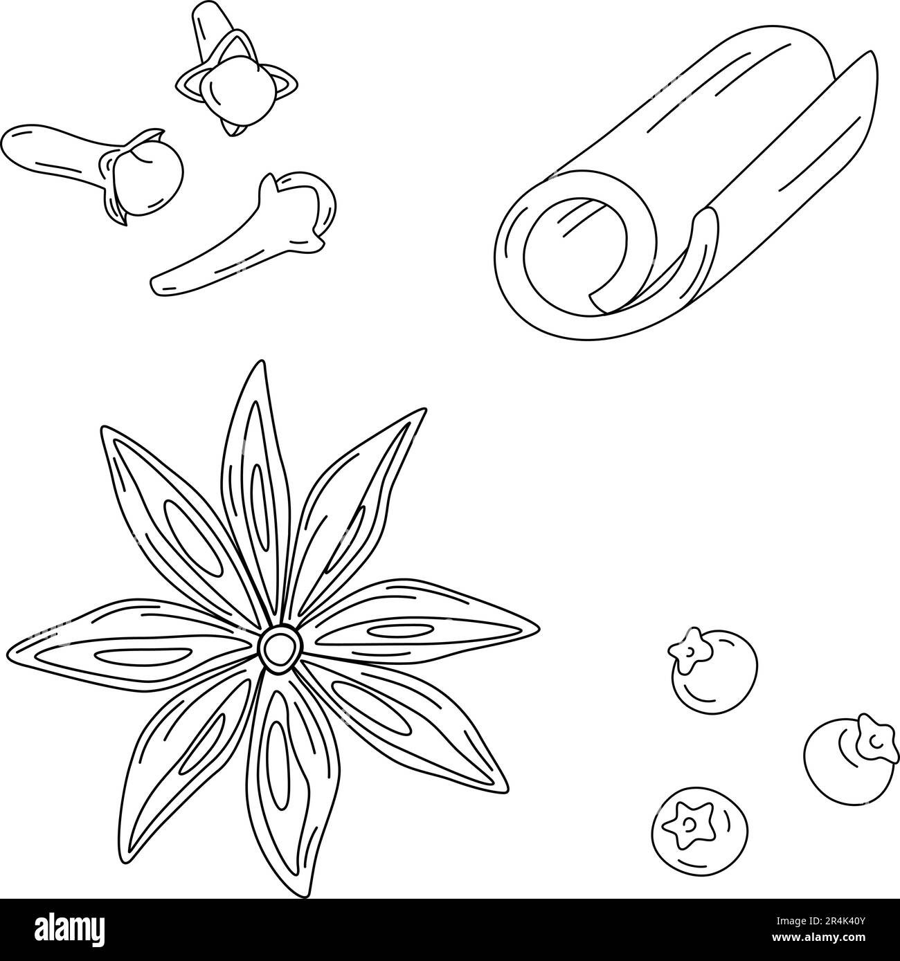 Ensemble d'épices dessinées à la main pour le vin chaud. Bâton de cannelle, clous de girofle, anis étoilé et épices. Isoler l'art de la ligne. Design pour affiche, bannière, brochures ou Illustration de Vecteur