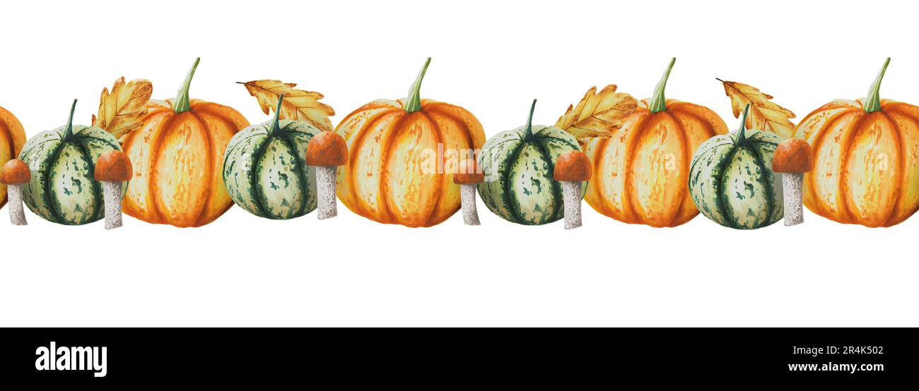 Bordure sans couture aquarelle avec citrouilles, feuilles de chêne d'automne et champignons isolés. Thanksgiving, Halloween illustration pour les designers, scrapbooking. Banque D'Images