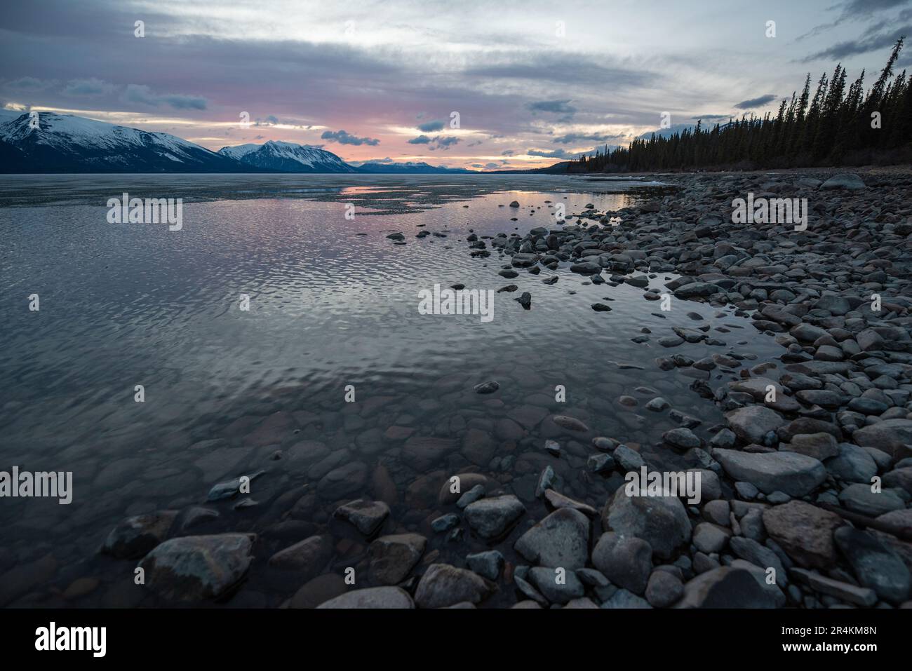 Coucher de soleil sur les rives du lac Rocky à Atlin, en Colombie-Britannique, au printemps. Les montagnes enneigées se reflètent dans l'eau calme du lac en contrebas avec un ciel spectaculaire. Banque D'Images