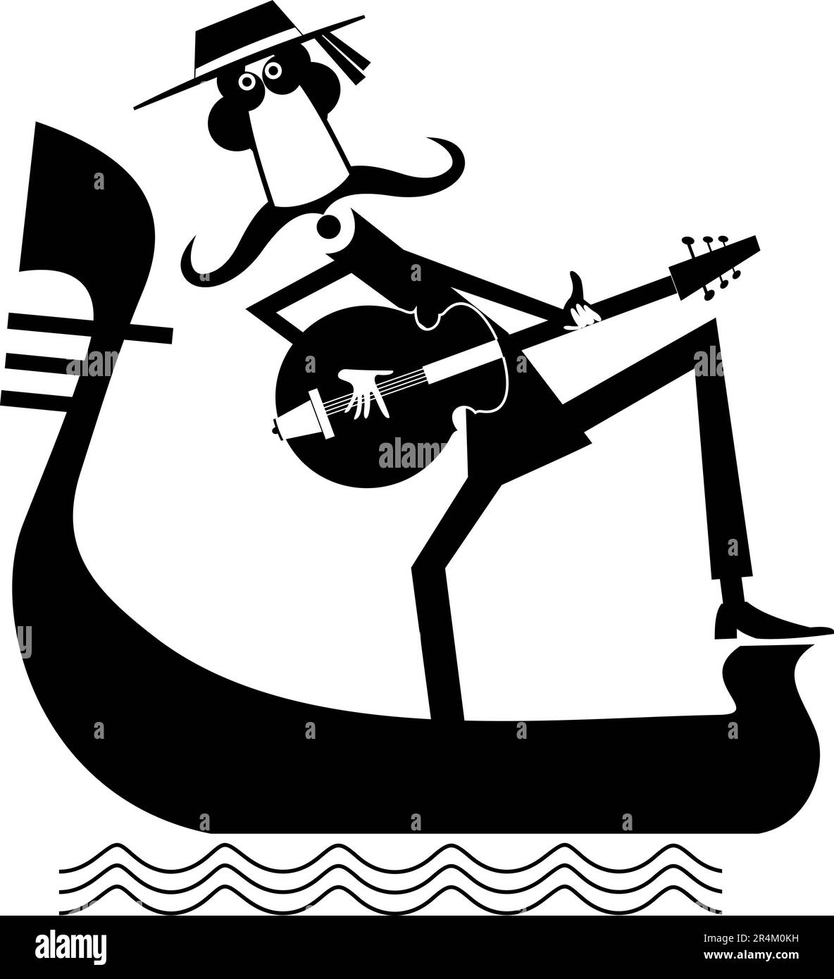 Gondole amusante avec longues moustaches qui jouent de la guitare et chantent en gondole. Noir et blanc Illustration de Vecteur