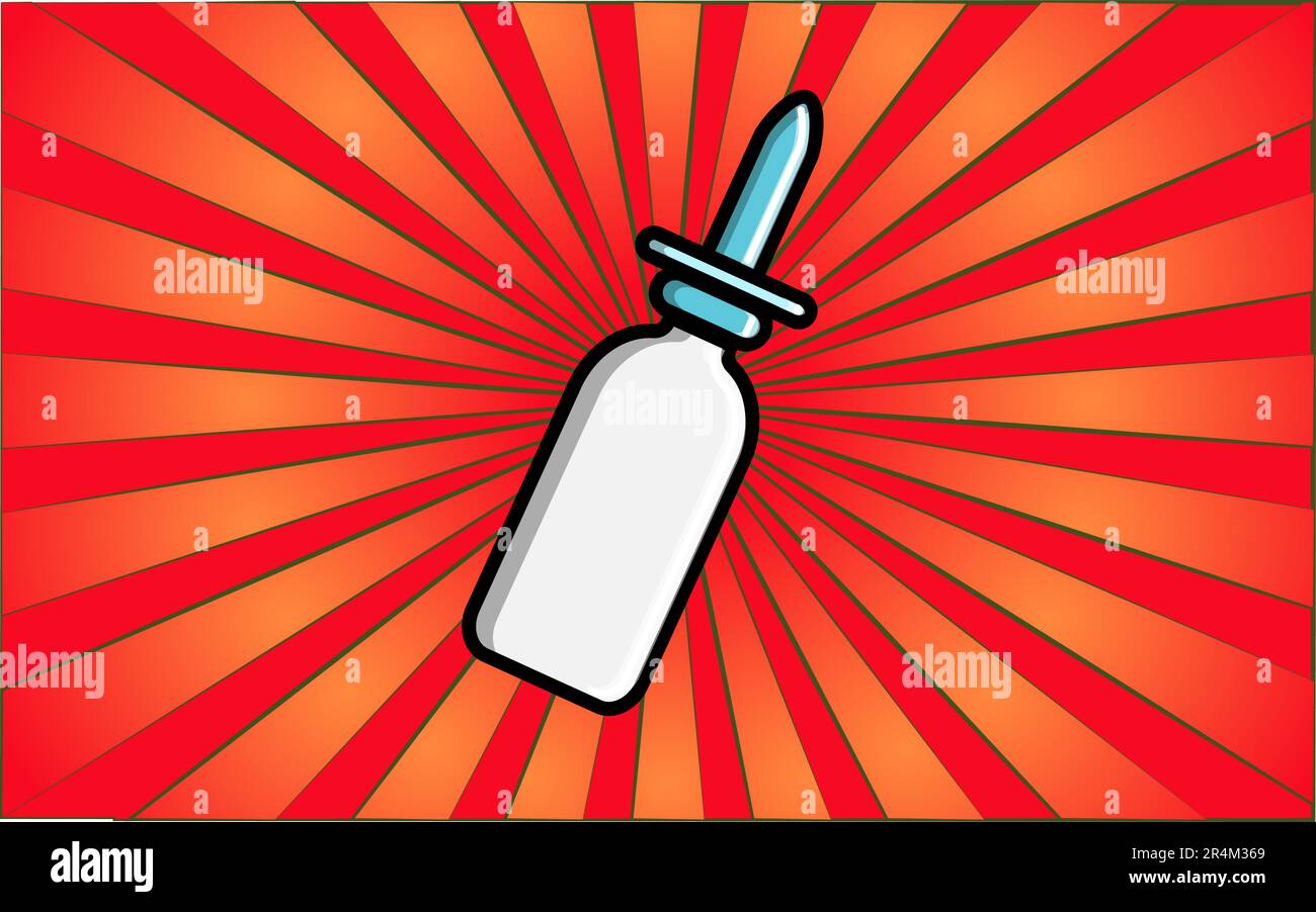 Médicaments pharmacologiques blanc curatif gouttes pour le nez, spray, un médicament froid pour le soin de la santé sur un fond de rayons rouges abstraits. Vecteur i Illustration de Vecteur