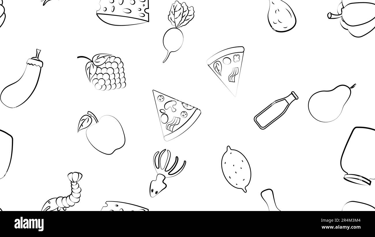 Noir et blanc sans fin motif de nourriture et d'en-cas icônes ensemble pour le restaurant bar café: Crevettes, pizza, raisins, radis, soda, aubergine Illustration de Vecteur