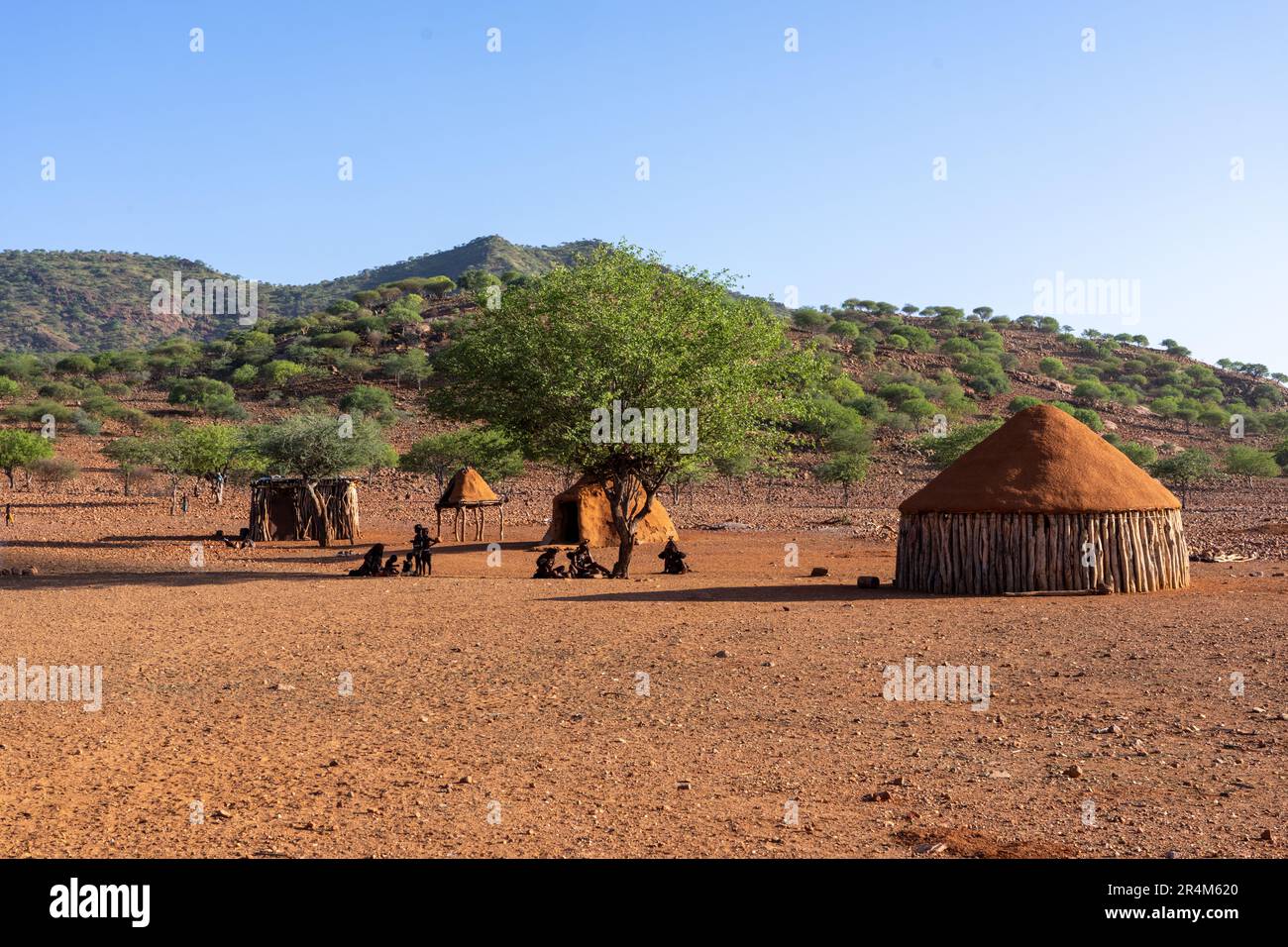 Village de la tribu Himba, Kaokoveld, Namibie, Afrique. Le hangar en bois brut est utilisé pour le stockage du grain ou du bétail. Le Himba (singulier : OmuHimba, plura Banque D'Images