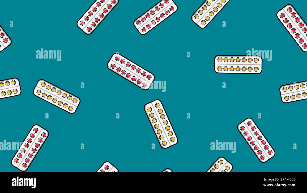 Motif sans couture texture infinie de comprimés médicaux ronds jaunes de pilules pharmaceutiques dans les plaques d'emballage sur fond bleu. Illustration vectorielle Illustration de Vecteur