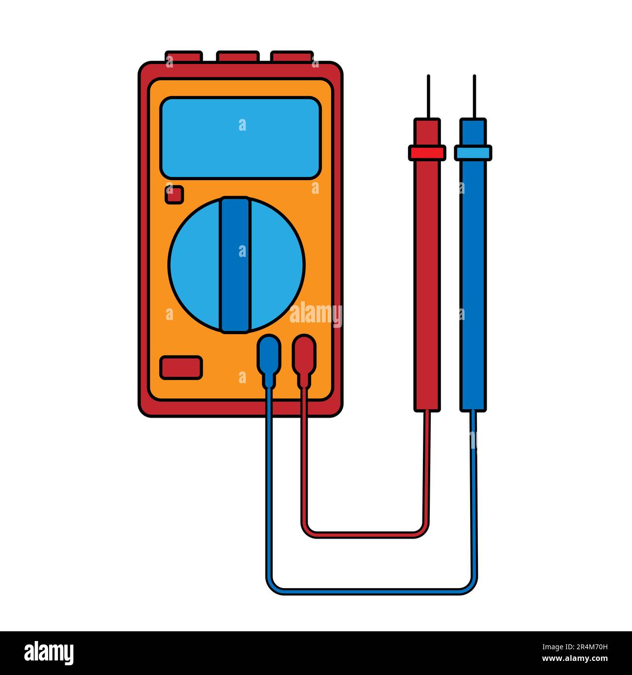 Un petit compteur d'électricité rouge bleu, un testeur, un multimètre numérique, pour mesurer la tension AC, DC, courant, résistance, câblage endommagé et connexions. Inconvénients Illustration de Vecteur