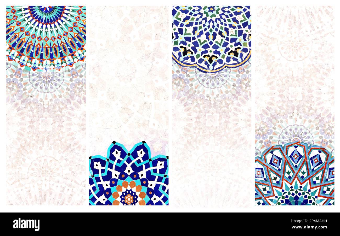 Ensemble de bannières verticales ou horizontales avec détail de mur traditionnel persan mosaïque avec décoration géométrique et florale, Iran. Collection de vintage b Banque D'Images