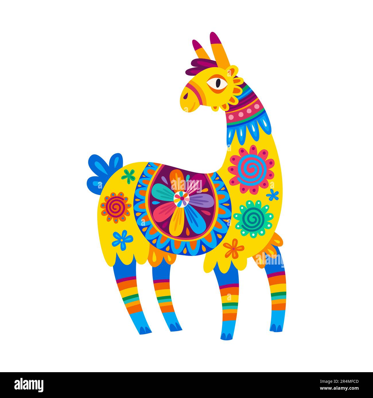 Drôle de vert alpaga, lama personnage de dessin animé avec des accessoires de conception ethnique. Vecteur souriant lama avec de grands yeux, péruvien ou mexicain personnage animal Illustration de Vecteur