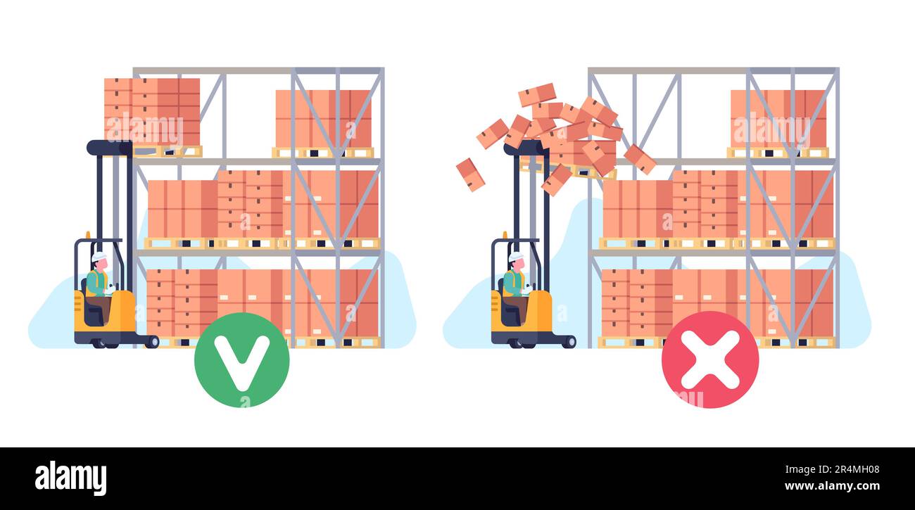 Empilage correct et incorrect des palettes de boîtes sur le chariot élévateur dans l'entrepôt. Règles de sécurité, chargement de marchandises dans un magasin. Situation dangereuse Illustration de Vecteur