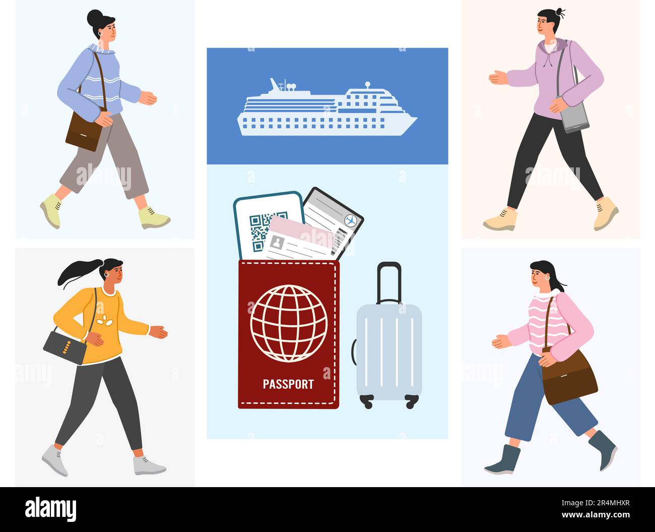 Touristes croisière bateau vacances été croisière Mer Voyage concept. Homme Femme aventure Tourisme bagages Passeport transport concept. Nous Illustration de Vecteur