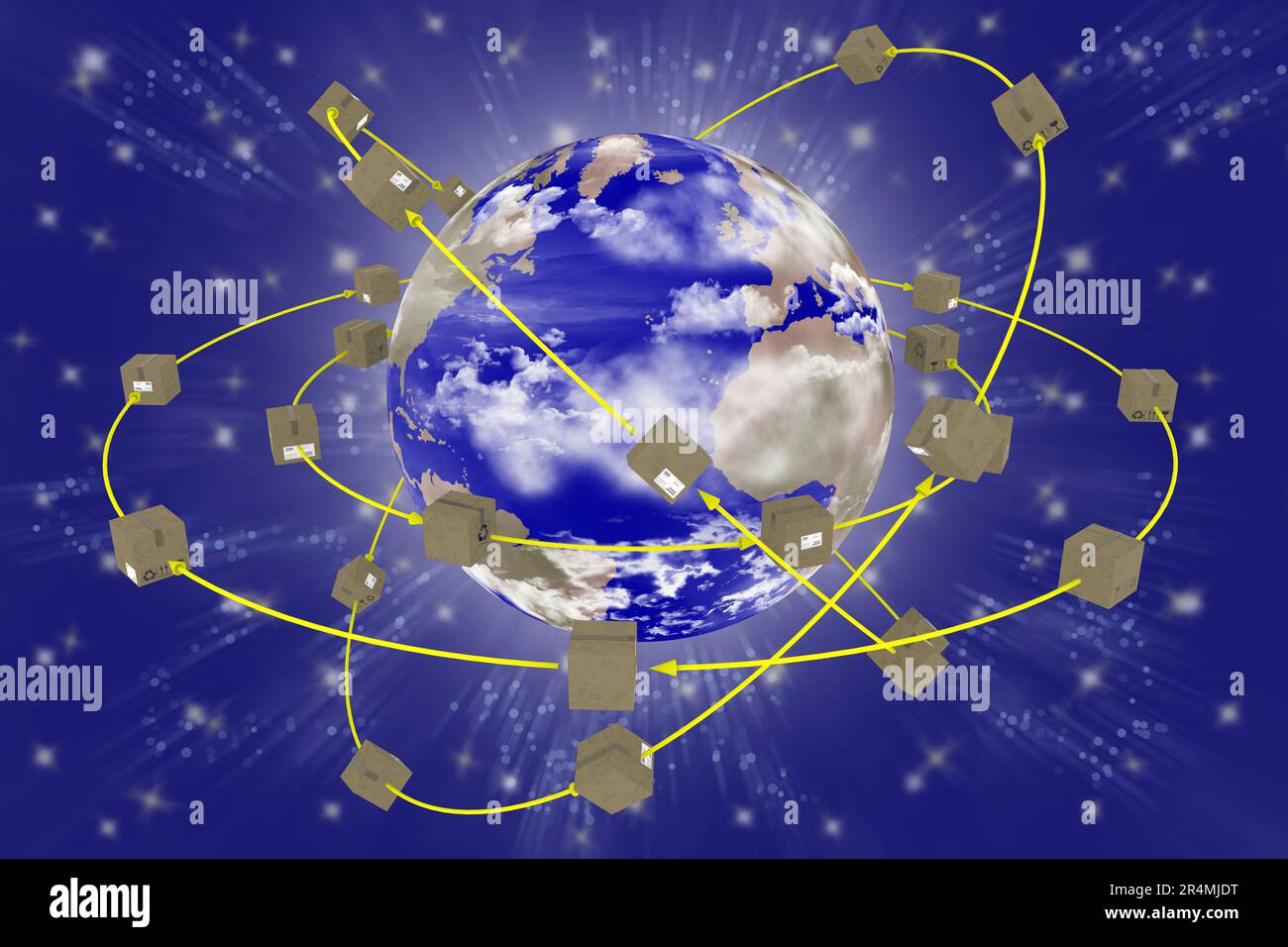 Illustration 3D. Expédition dans le monde entier. Les colis tournent autour du globe pour être livrés. Banque D'Images