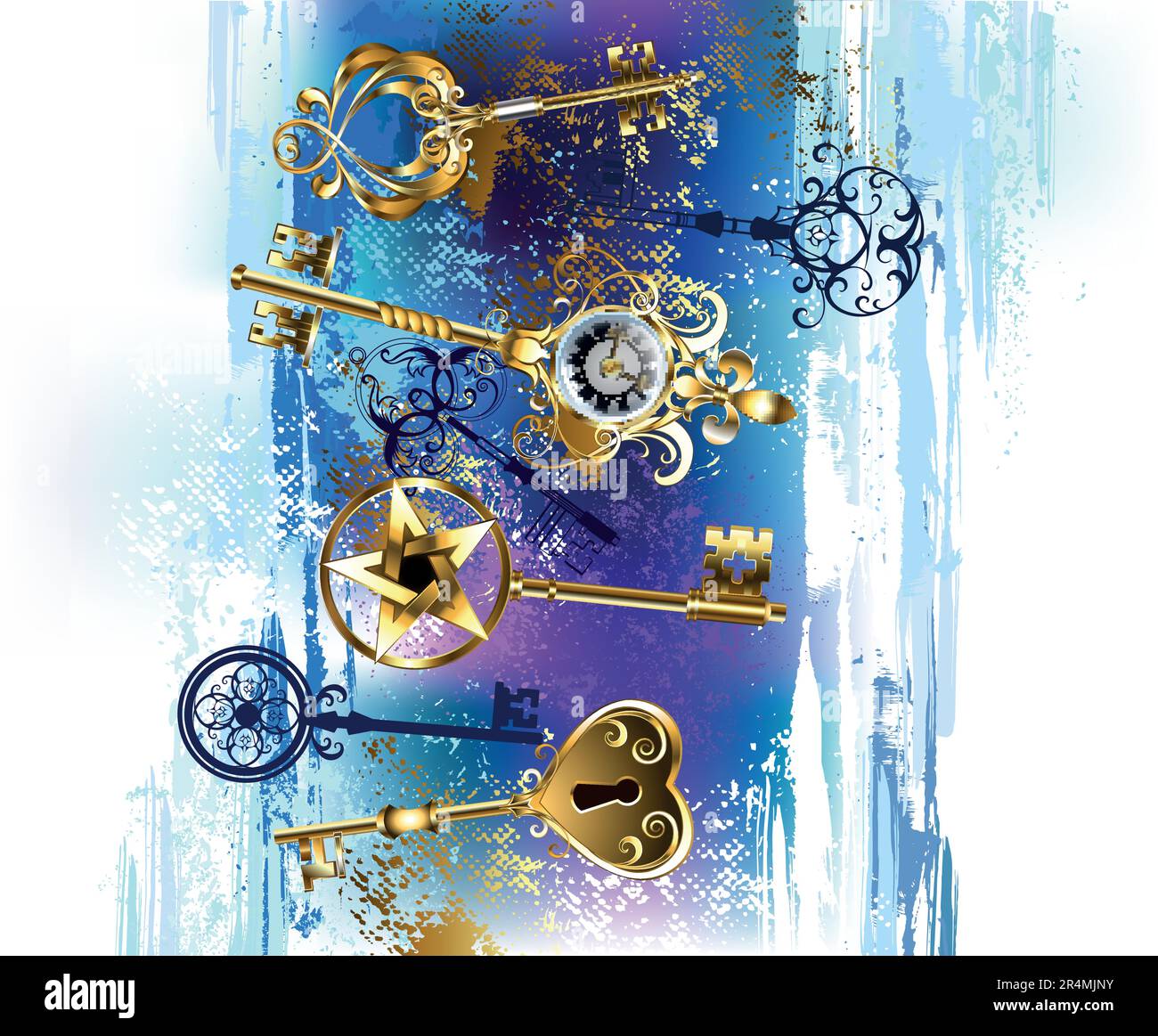 Composition de l'or, brillant, bijoux, clés anciennes sur peint bleu et violet peint, fond pittoresque. Clé dorée. Illustration de Vecteur