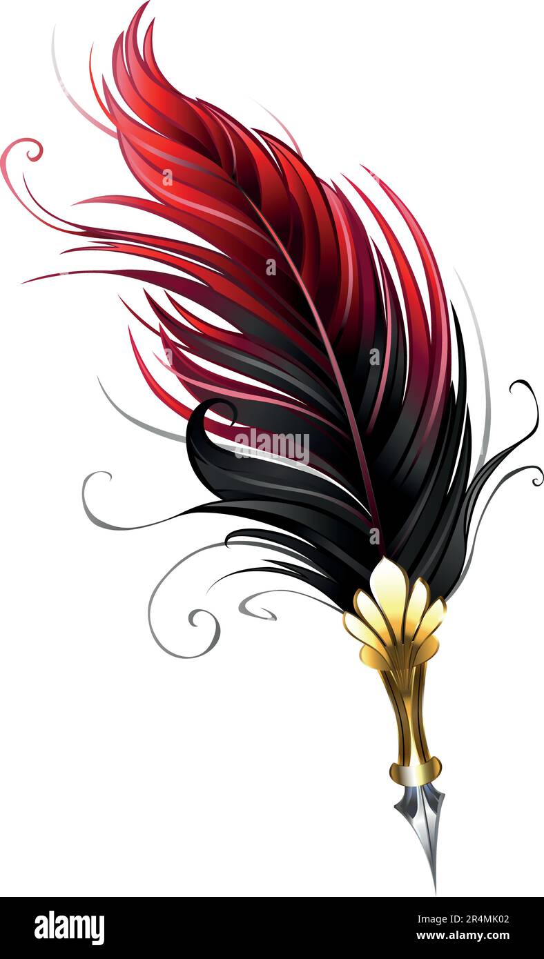 Dessin artistique, plume antique ornée de plumes rouge foncé sur fond blanc. Illustration de Vecteur
