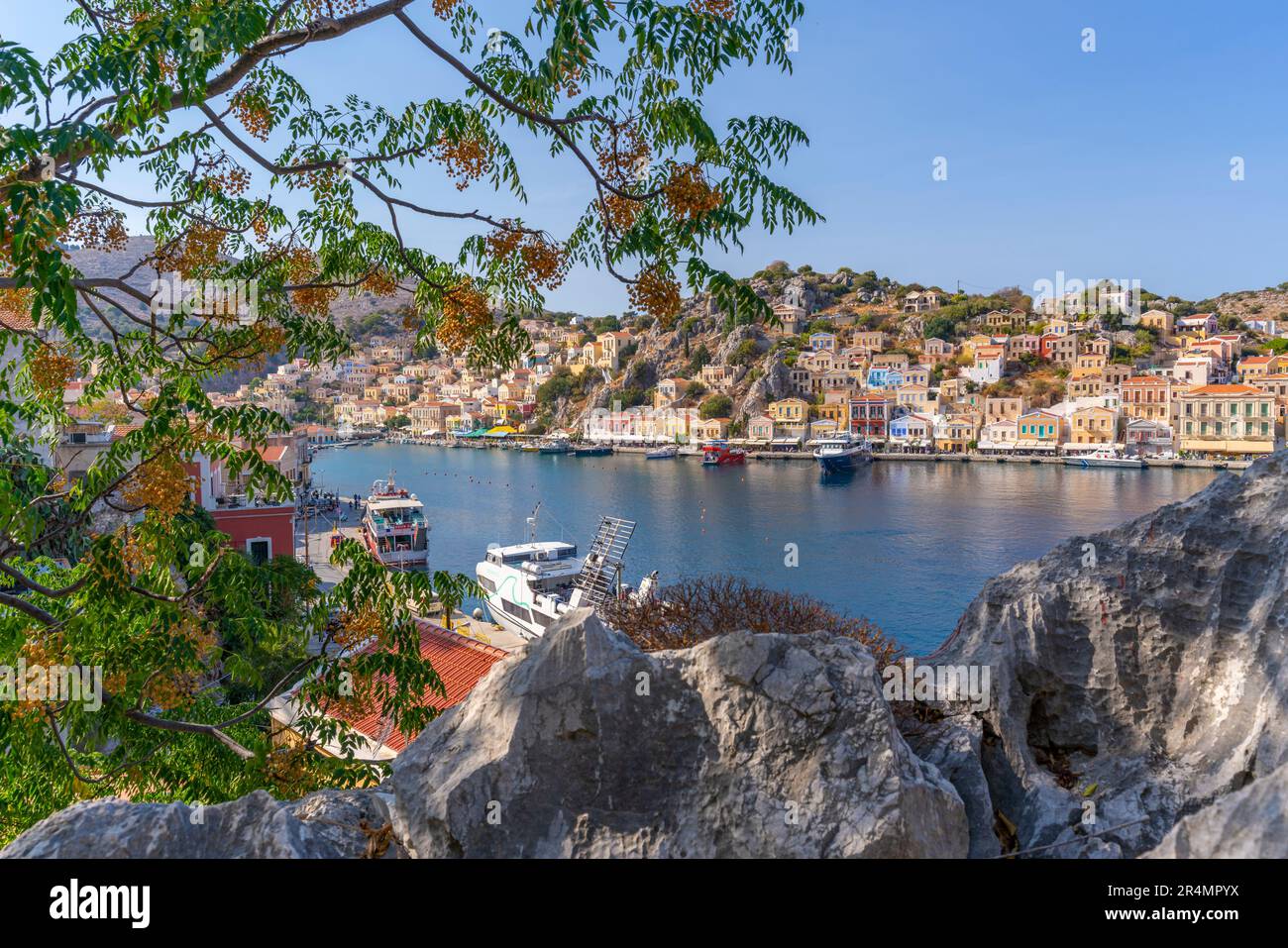 Vue sur le port depuis une position surélevée dans la ville de Symi, l'île de Symi, le Dodécanèse, les îles grecques, la Grèce, Europe Banque D'Images