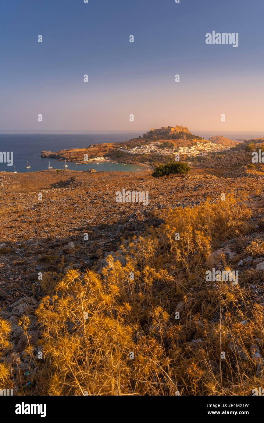 Vue sur les voiliers dans la baie, Lindos et Lindos Acropolis depuis la position élevée, Lindos, Rhodes, Dodécanèse Island Group, les îles grecques, Grèce, Euro Banque D'Images