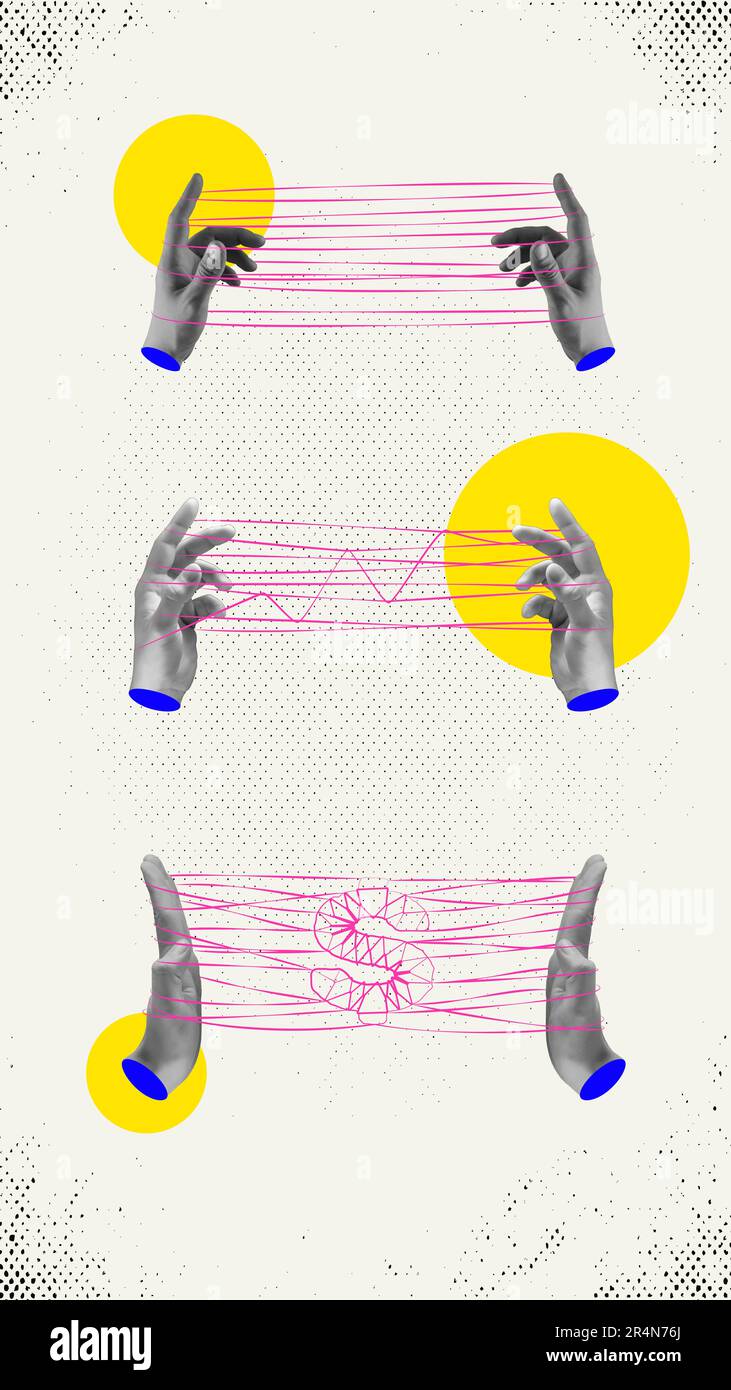 Étapes du travail. Des mains humaines aux cordes symbolisant la génération d'idées créatives, le développement de la stratégie et la croissance des finances. Art contemporain Banque D'Images