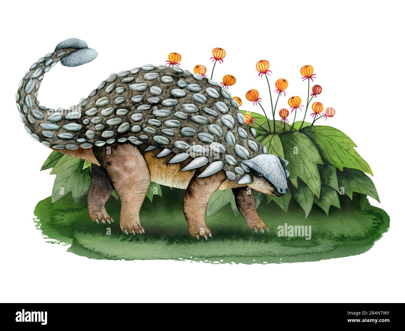 Ankylosaurus dinosaure sur l'herbe verte avec des arbustes fantaisie avec des fleurs paysage aquarelle illustration sur blanc Banque D'Images