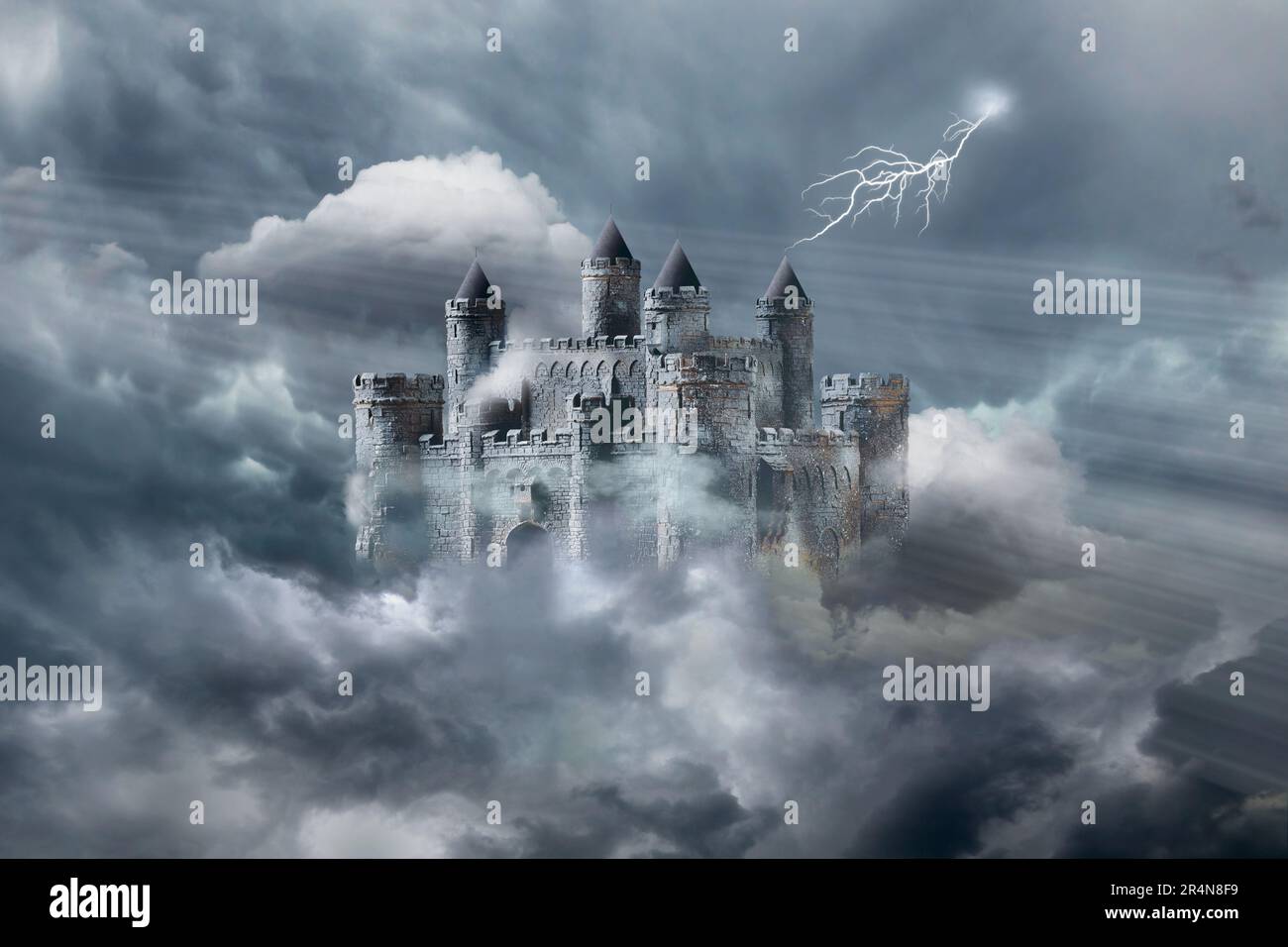 Château dans l'air concept avec ciel orageux et foudre Banque D'Images