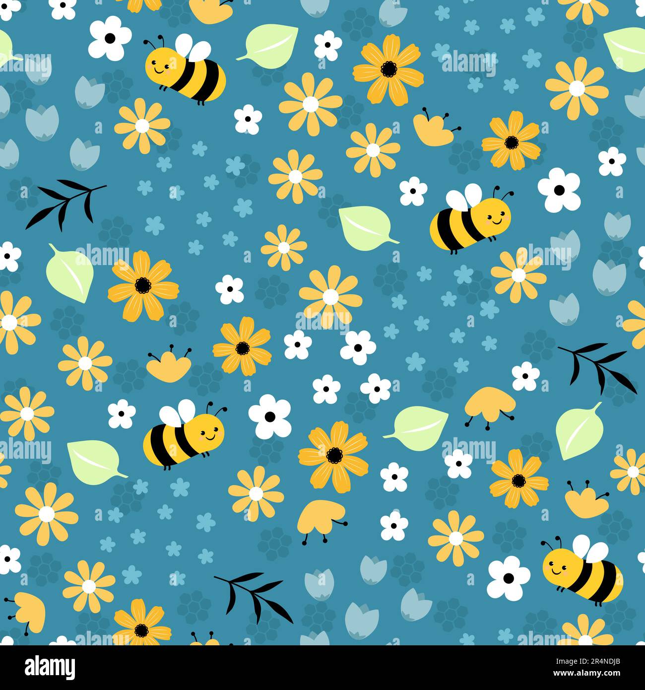 Motif sans couture avec des abeilles, des feuilles, des fleurs. Style plat vectoriel coloré pour enfant. Motif bébé pour tissu, imprimé, emballage, textile Illustration de Vecteur