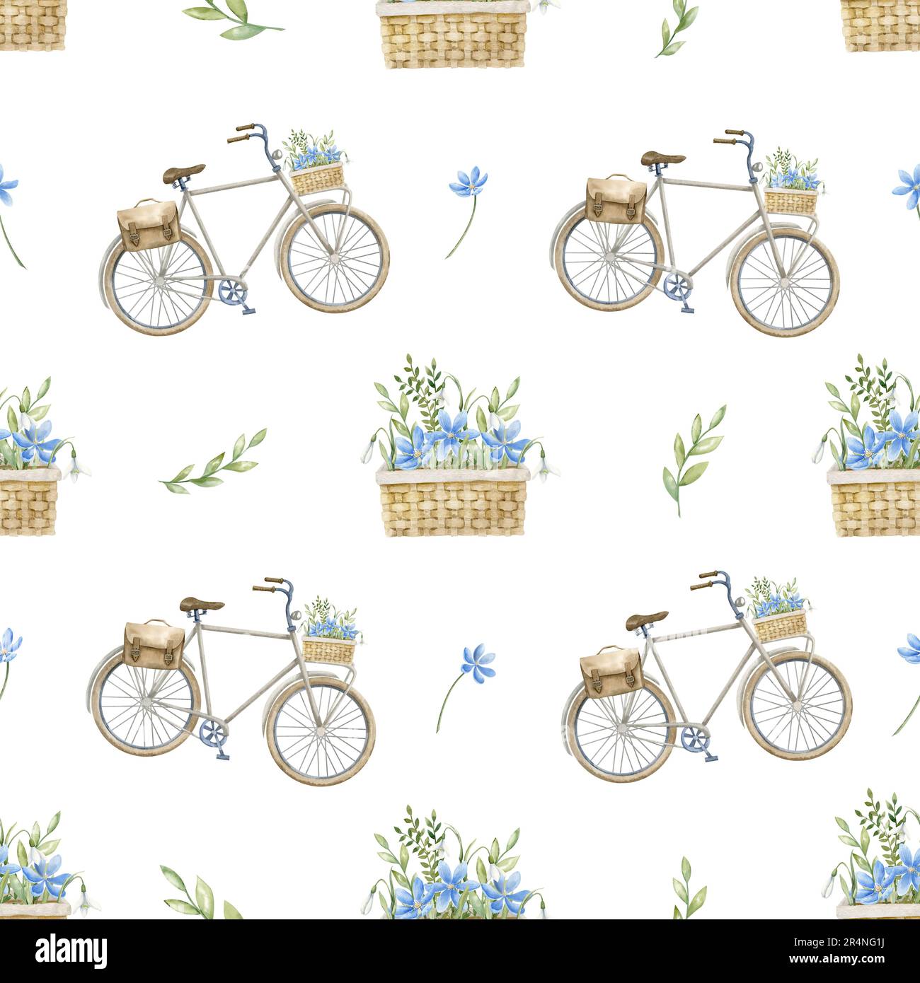 Motif sans couture avec ancien vélo de ville rétro et fleurs bleu aquarelle. Décoration dessinée à la main avec cycle urbain et plantes vertes pour l'emballage de papier ou de conception textile. Illustration pour les voyages en ville. Banque D'Images