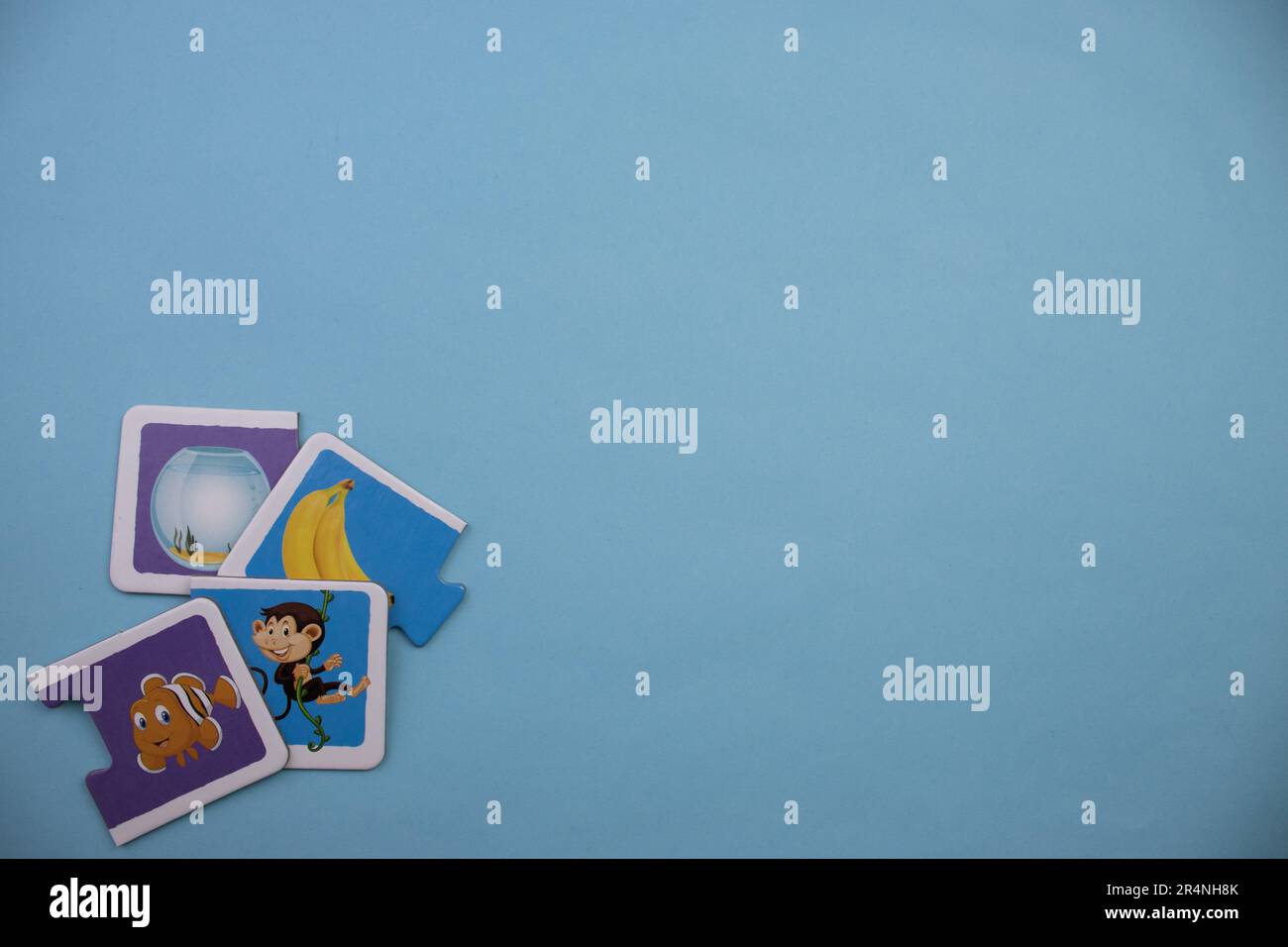 Casse-têtes d'information placés sur le bord de l'arrière-plan bleu. Poisson et singe. Banque D'Images