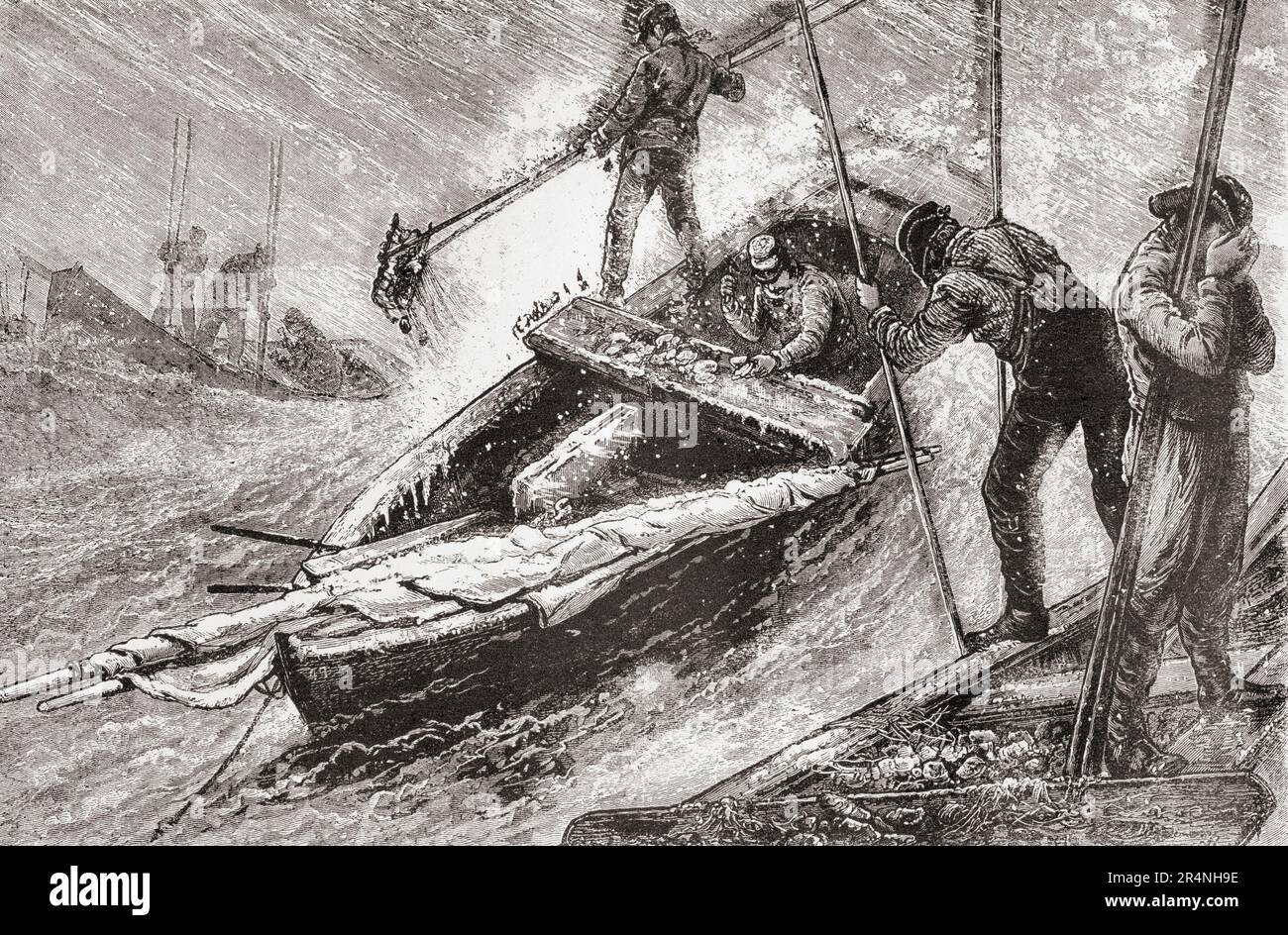 Râtelage d'huîtres dans la baie de Chesapeake, 19th siècle. De l'Amérique revisité: De la baie de New York au golfe du Mexique, publié en 1886. Banque D'Images