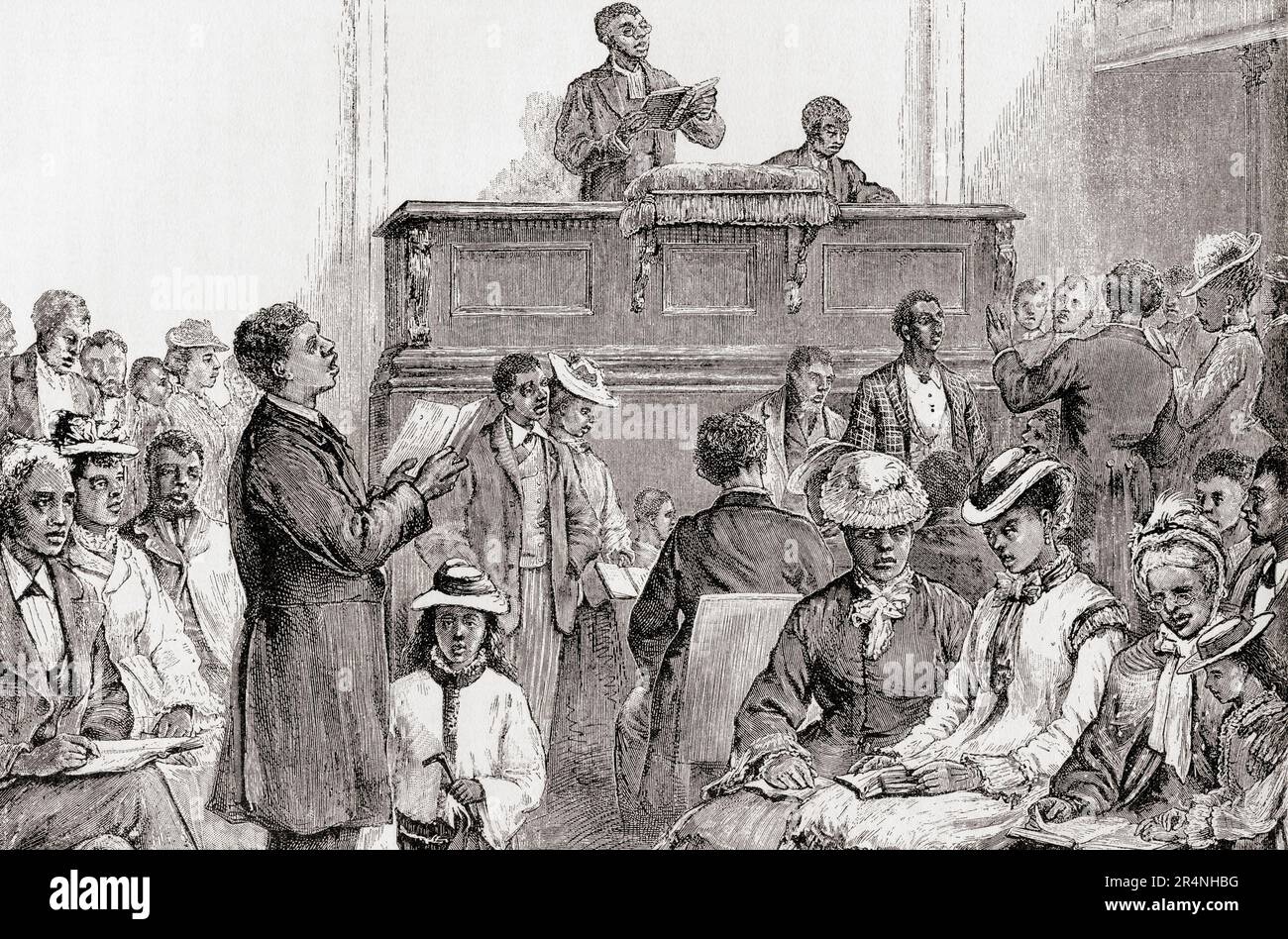 Congrégation dans une église afro-américaine noire, Etats-Unis au 19th siècle. De l'Amérique revisité: De la baie de New York au golfe du Mexique, publié en 1886. Banque D'Images