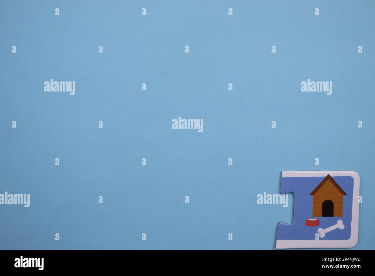 Des puzzles d'information, photographiés d'en haut, placés sur le bord de l'arrière-plan bleu. Chenil et fournitures pour animaux de compagnie. Banque D'Images