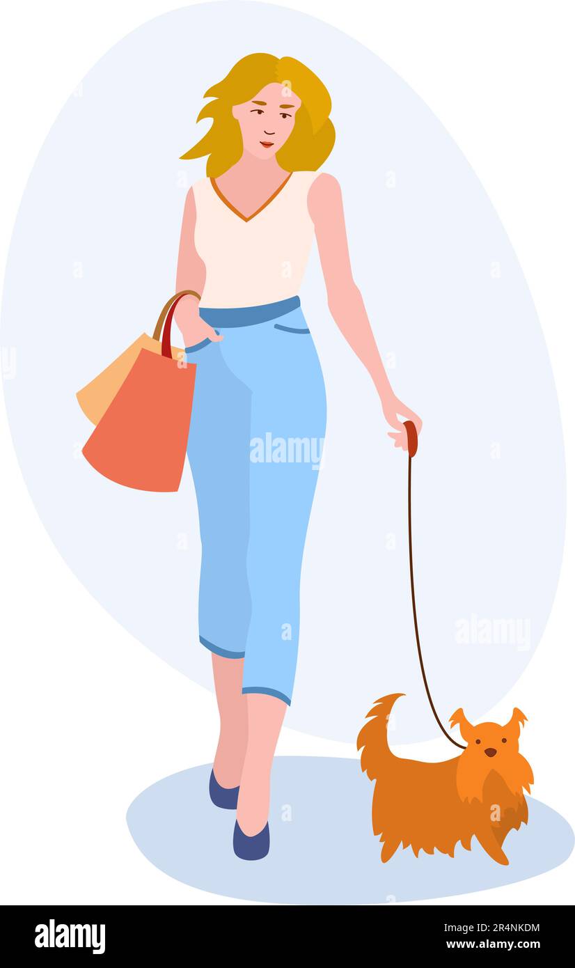 Illustration Femme avec petit chien. Fille, sac, animal, laisse. Conception graphique vectorielle modifiable. Illustration de Vecteur