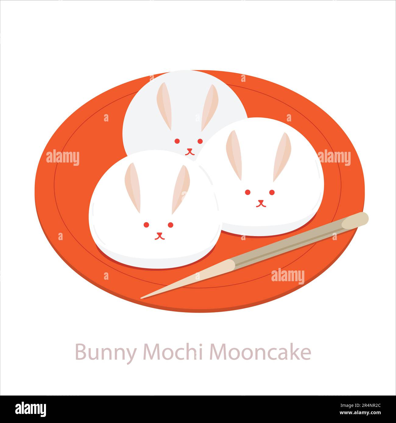 Gâteaux de lune Bunny Mochi sur plaque avec baguette. Pâte de mochi cuisine japonaise pour le festival de la mi-automne. Illustration vectorielle isolée sur blanc Illustration de Vecteur