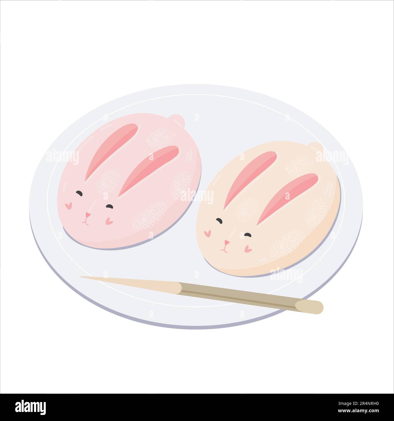 Gâteaux de lune Bunny Mochi sur plaque avec baguette. Cuisine japonaise traditionnelle pour le festival de la mi-automne. Illustration vectorielle isolée sur blanc Illustration de Vecteur