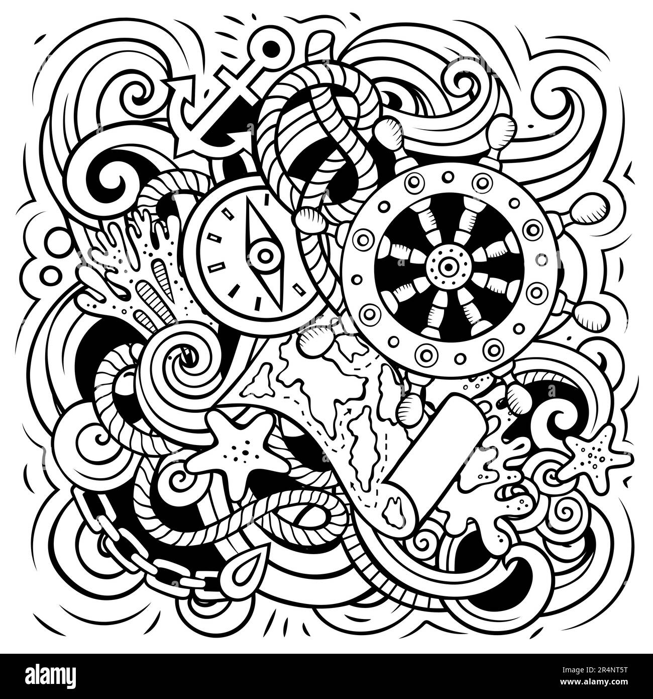 Illustration de vecteur de dessin animé nautique. Composition détaillée avec beaucoup d'objets et de symboles marins. Tous les éléments sont séparés Illustration de Vecteur