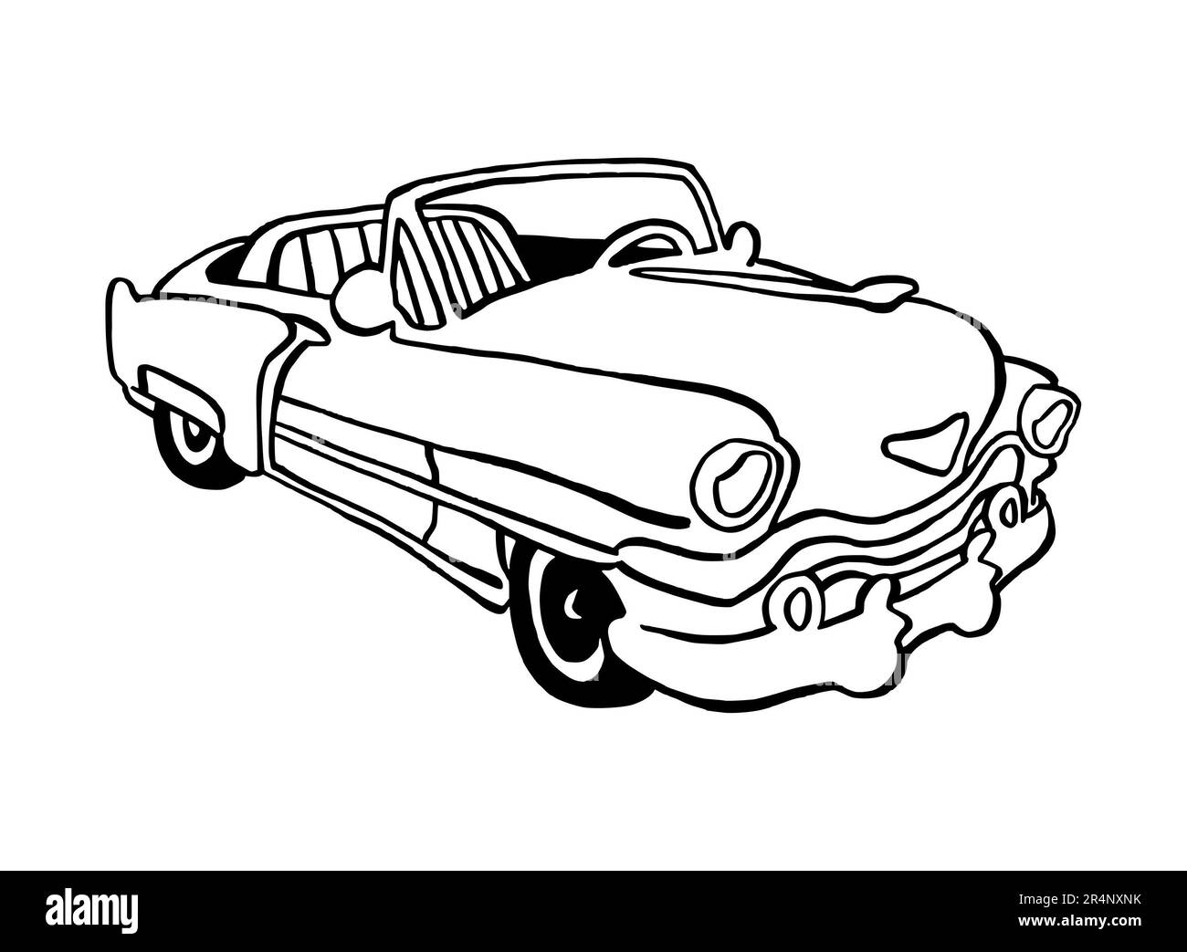 Illustration dessinée à la main d'une voiture rétro convertible, américaine, pleine grandeur, isolée sur un fond blanc, avec une ligne d'art noire Banque D'Images