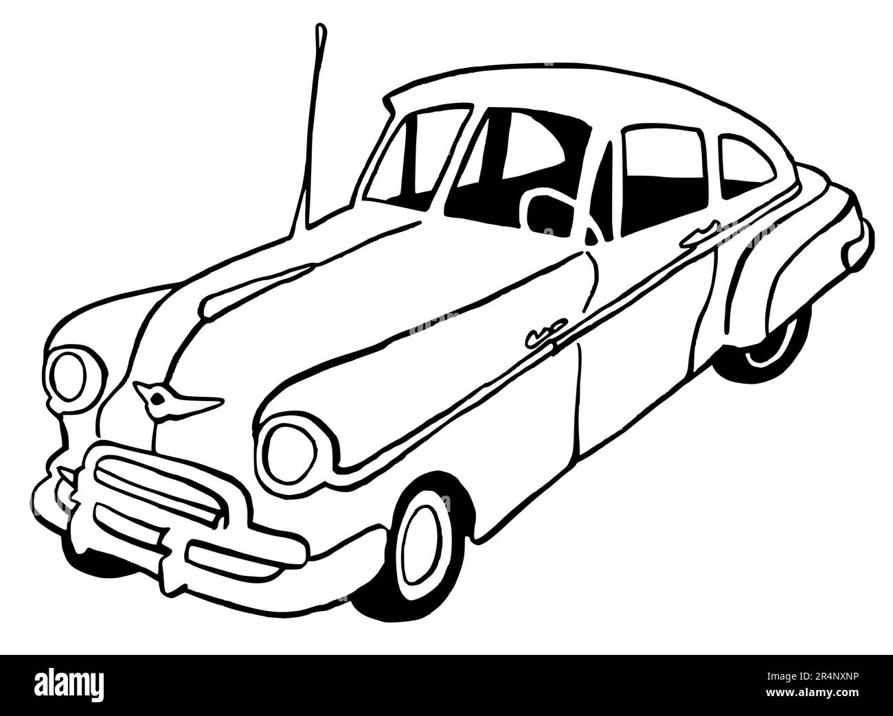 Illustration dessinée à la main d'une voiture rétro, américaine, pleine grandeur, isolée sur un fond blanc, avec des dessins au trait noir Banque D'Images