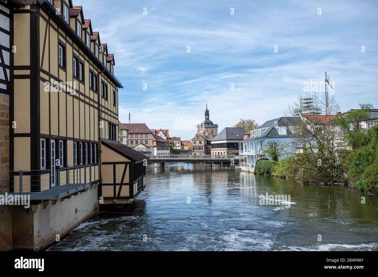 Vue sur la vieille ville historique et la rivière Regnitz à Bamberg, Allemagne. Banque D'Images