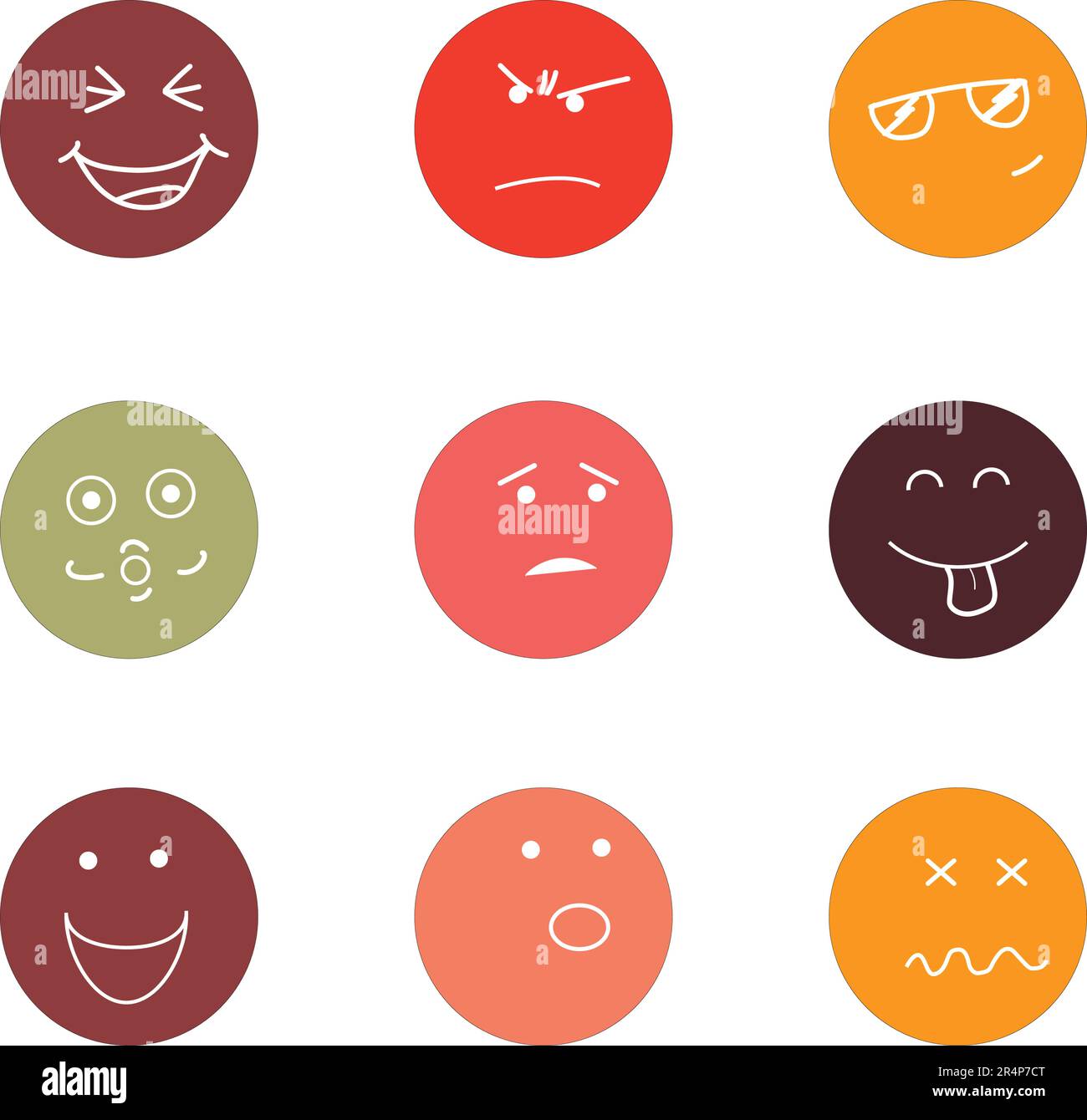 Faces rondes de style abstrait de dessin animé avec diverses émotions. Illustration vectorielle tendance à motif plat dessinée à la main Illustration de Vecteur